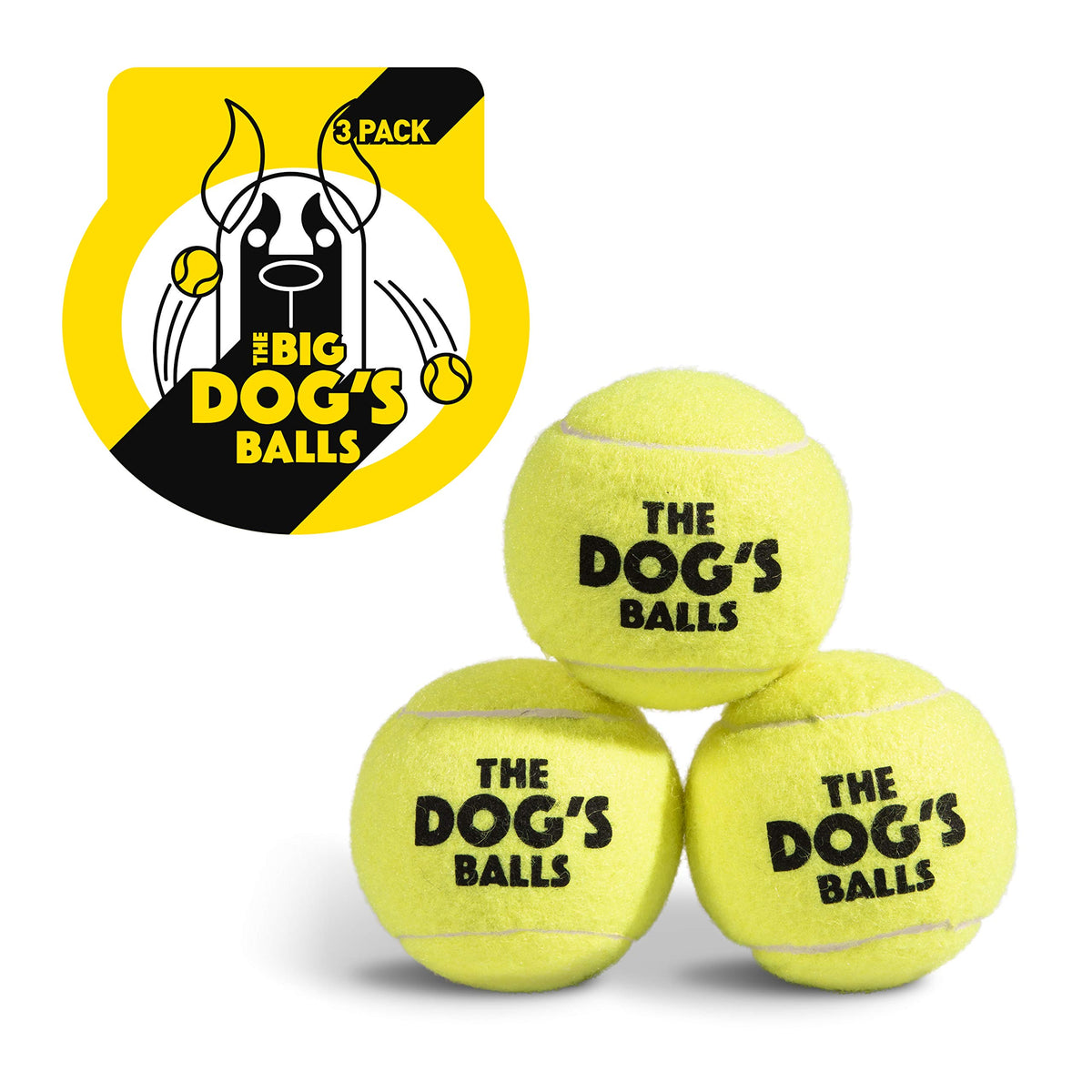 The Big Dog's Balls, Dog Tennis Balls, 3-Pack Yellow, 3 Inches Diameter Dog Toy, Strong Dog & Puppy Ball for Training, Play, Exe