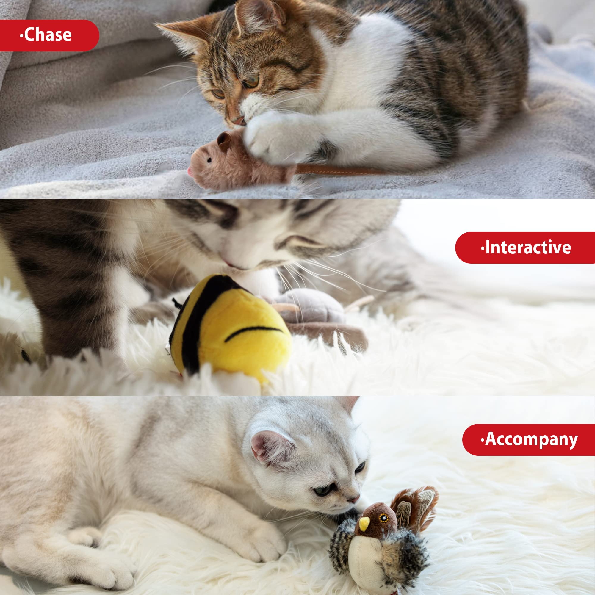 Gigwi Interactive Cat Toy Set, Squeaky Cat Feather Toys For Indoor Cats, 3Pcs Cat Plush Toy Pack Including Mouse Hunt Cat Toy, Cat Chase Bird Toy, Cat Chirping Bee Toy