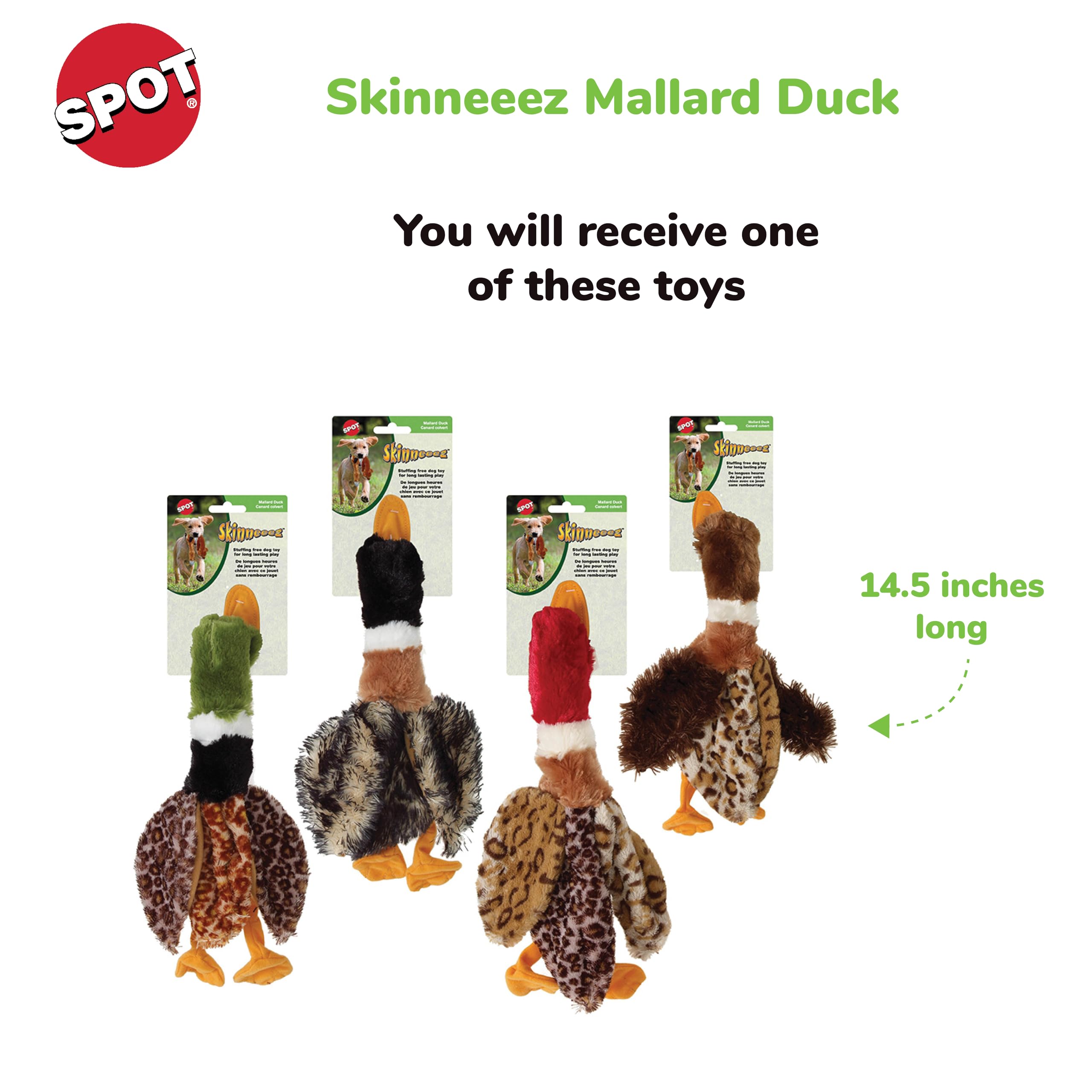 Spot Skinneeez Mallard Duck Stuffing-Free Dog Toy, Crinkle Sound, No Squeak, Durable For Light & Moderate Chewers, Tug Toy For Small Puppies & Dogs, 14.5In, Assorted Colors