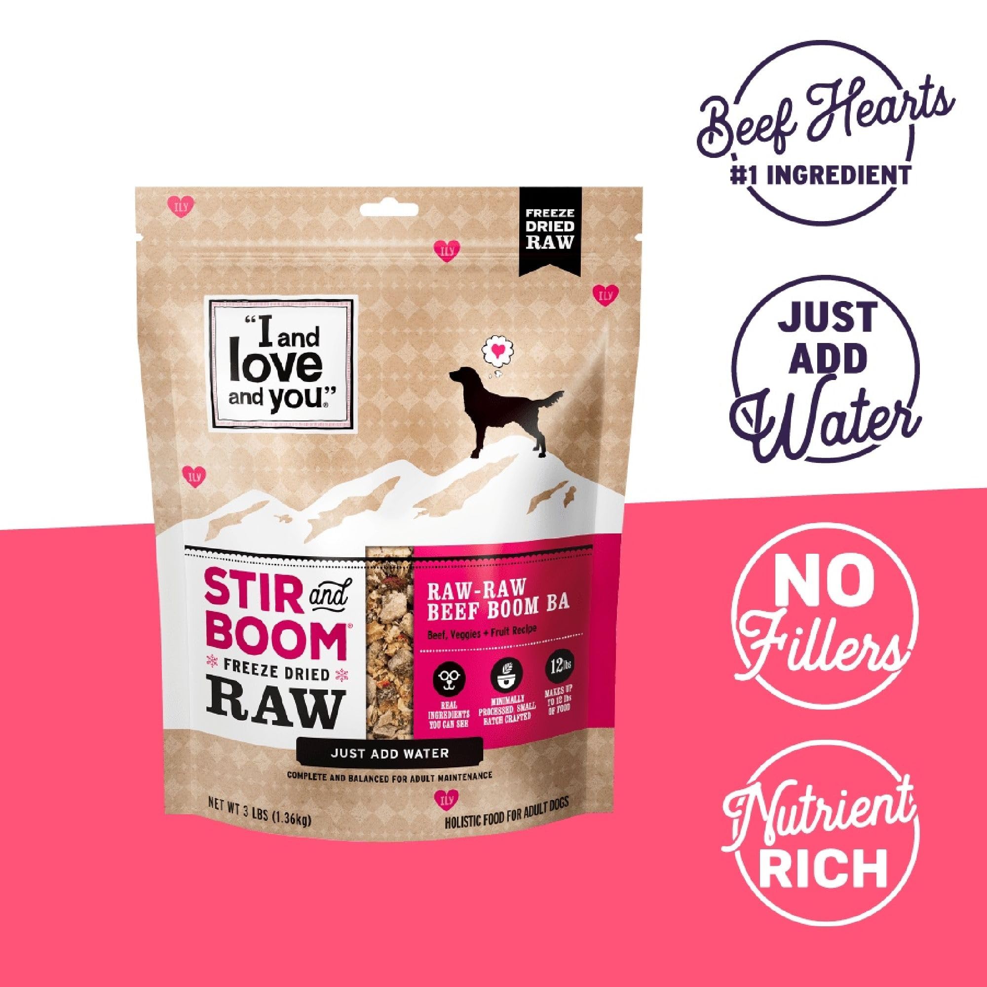 I and Love and You Stir and Boom Dehydrated Freeze Dried Raw Dog Food - Beef - Grain Free, Real Meat, No Fillers, 3lb Bag