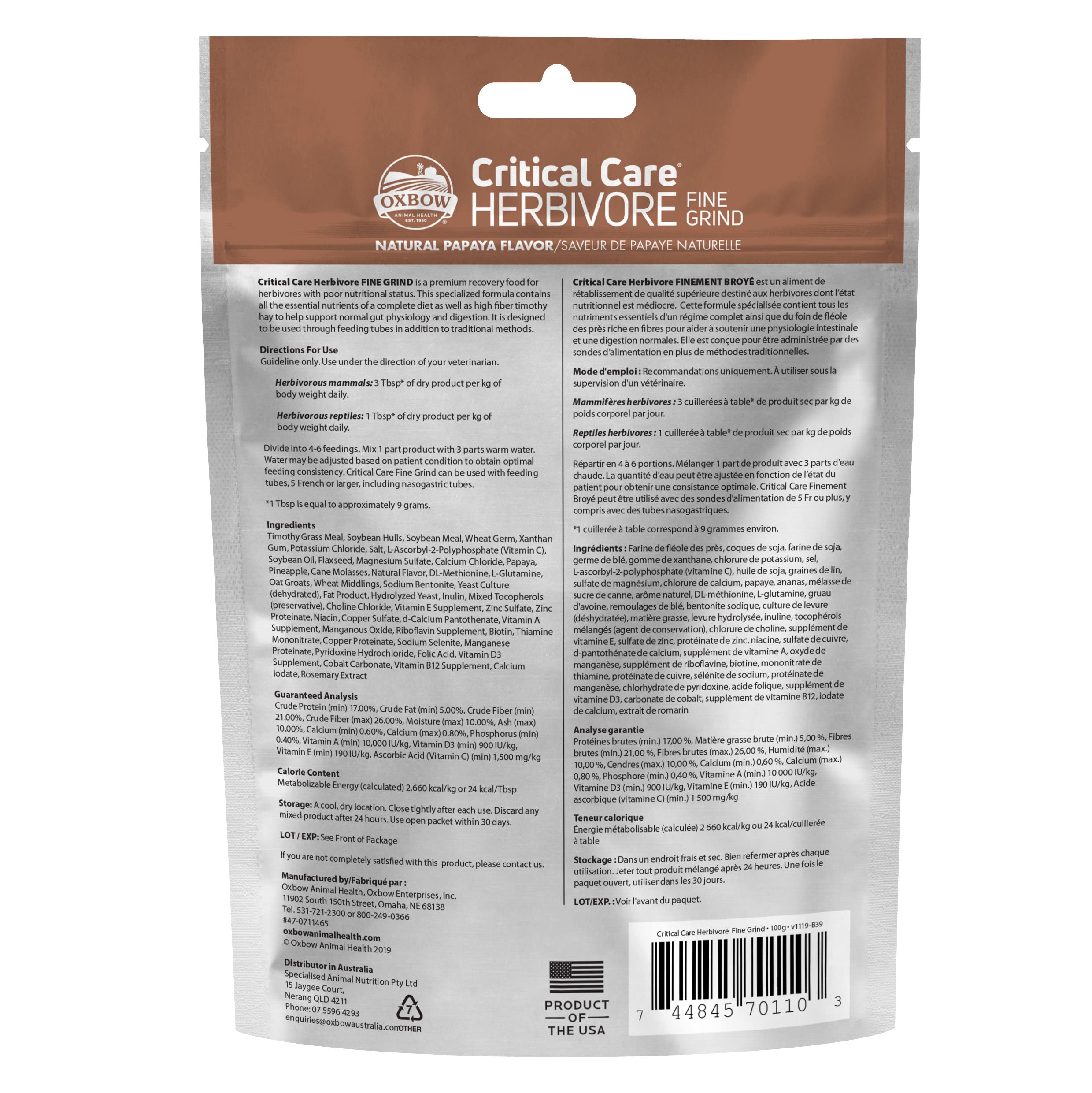 Oxbow Animal Health Critical Care, Herbivore, Fine Grind Papaya Flavor, 100 Gram Bag