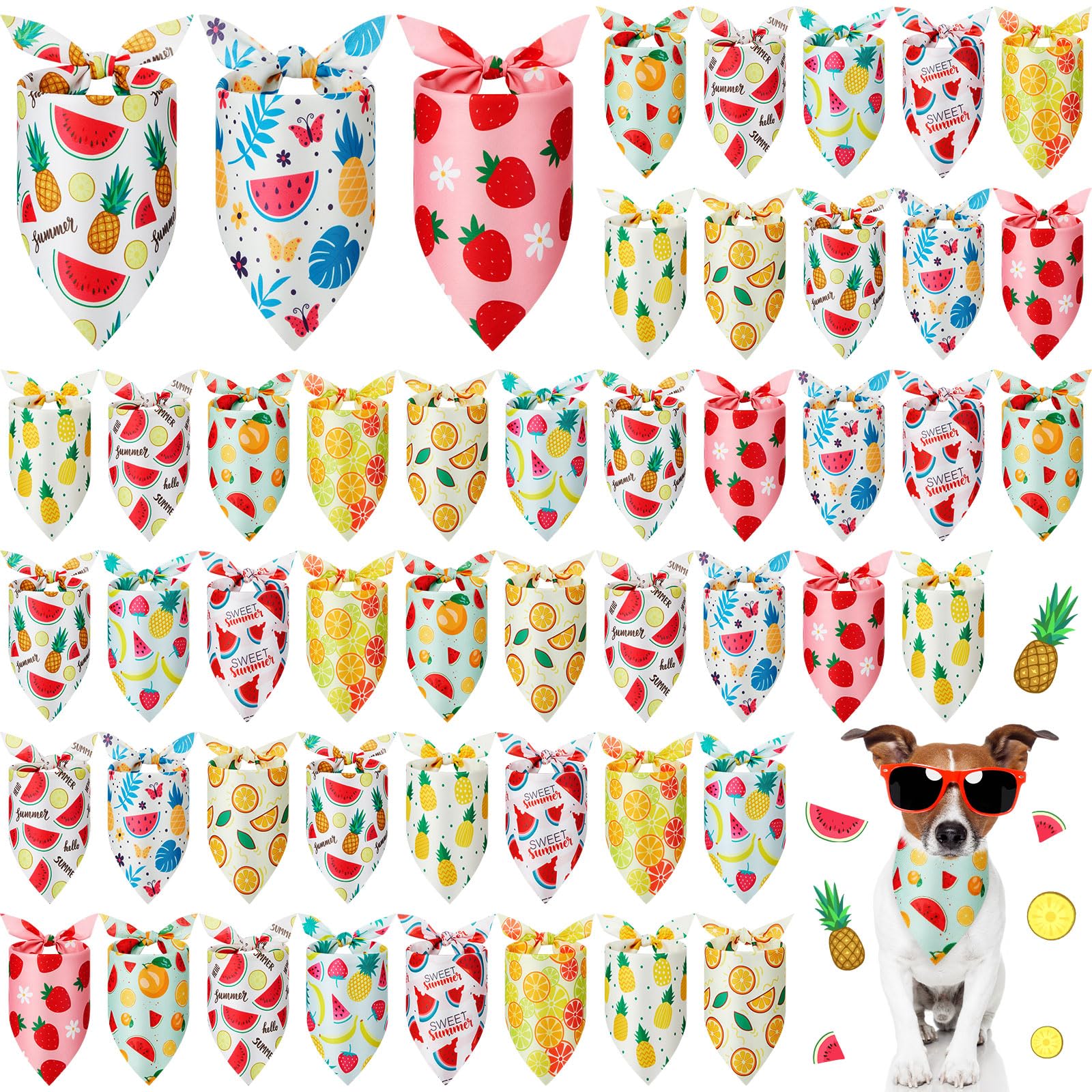 Weewooday 50 Pcs Fruit Dog Bandanas Bulk Summer Bandanas For Dogs Hawaiian Soft Bibs Adjustable Triangle Scarf For Small Medium 