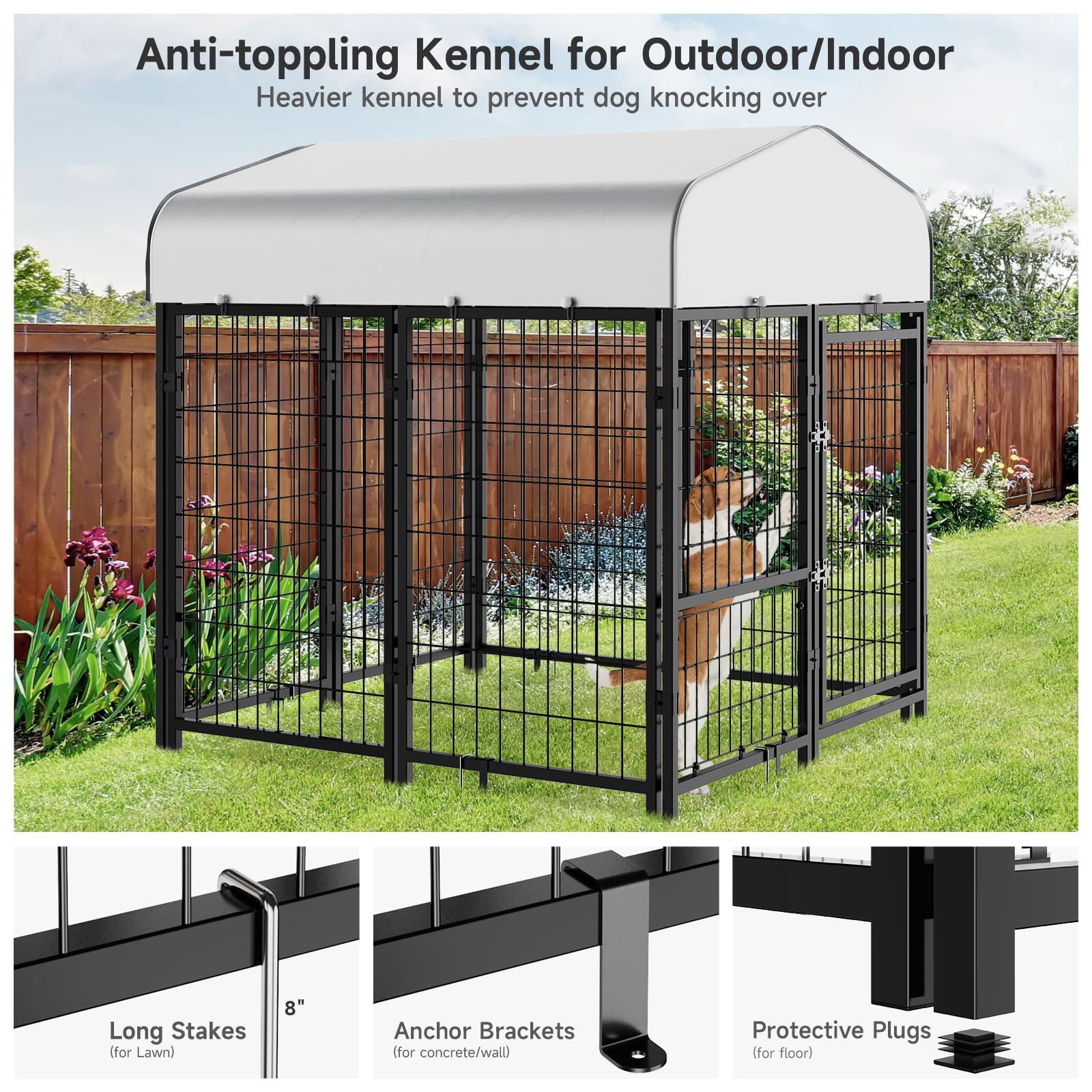 Guiferland Dog Kennel Pen Outside Outdoor Dog Run With Roof, Feeders/Removable Doggy Door Allow Connecting Your Dog House- Squar