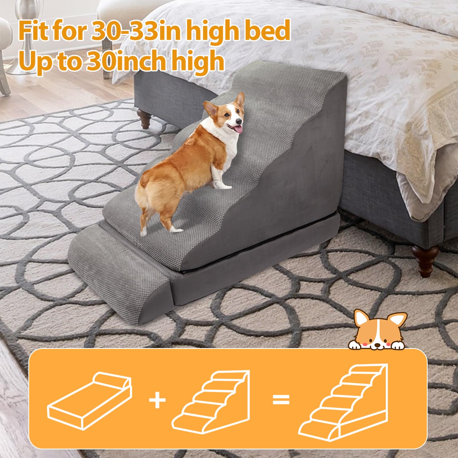 Dog Stairs/Steps For High Beds Up To 30-36 Inches, A.Fati 6 Step Foam Pet Steps For Small Dogs/Old Pets, 30'' H Non-Slip Dog Ram