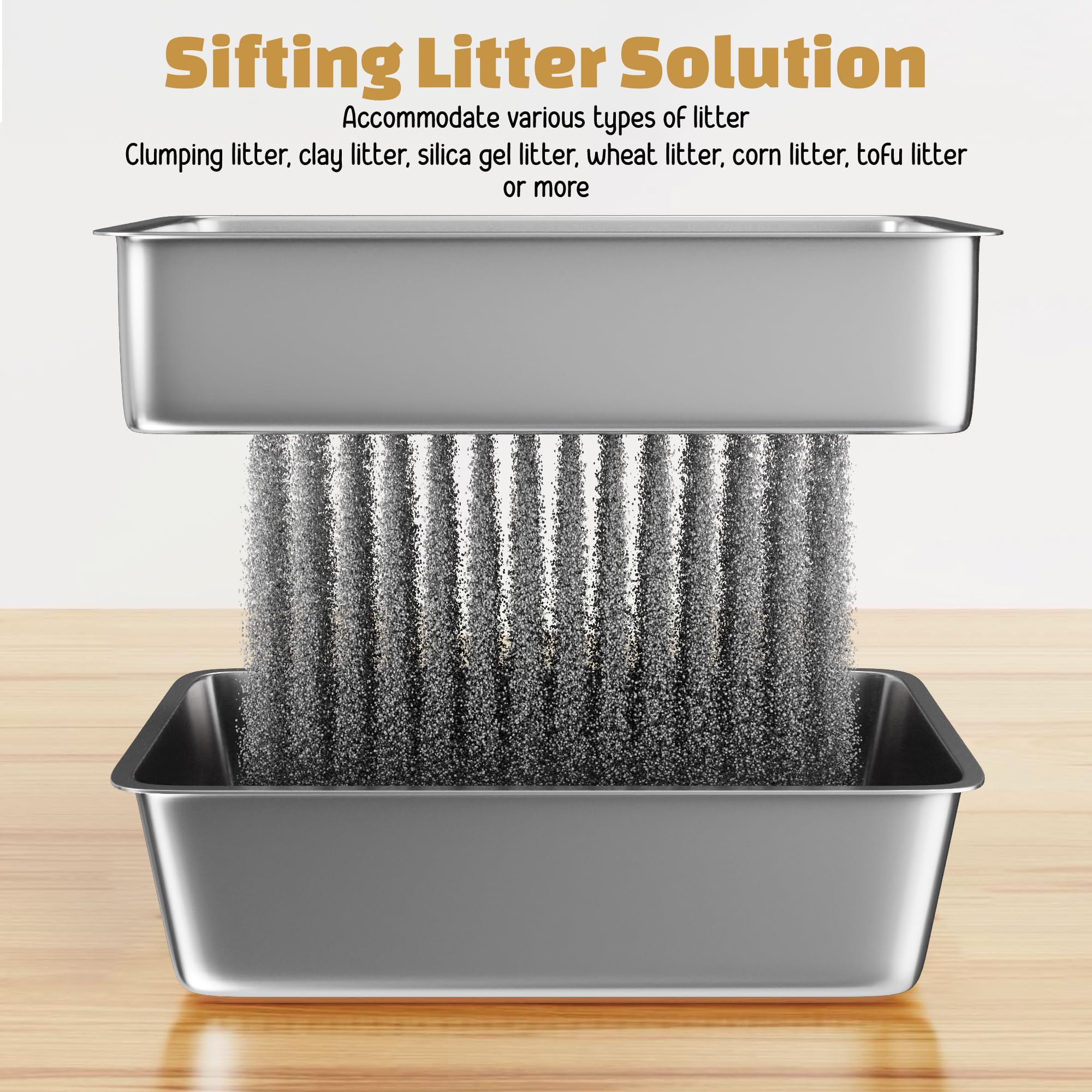 Tom & Sora Creations Stainless Steel Sifting Litter Box, Sifting Cat Litter Box For Pine Pellets And Clay Litter, Multifunctiona