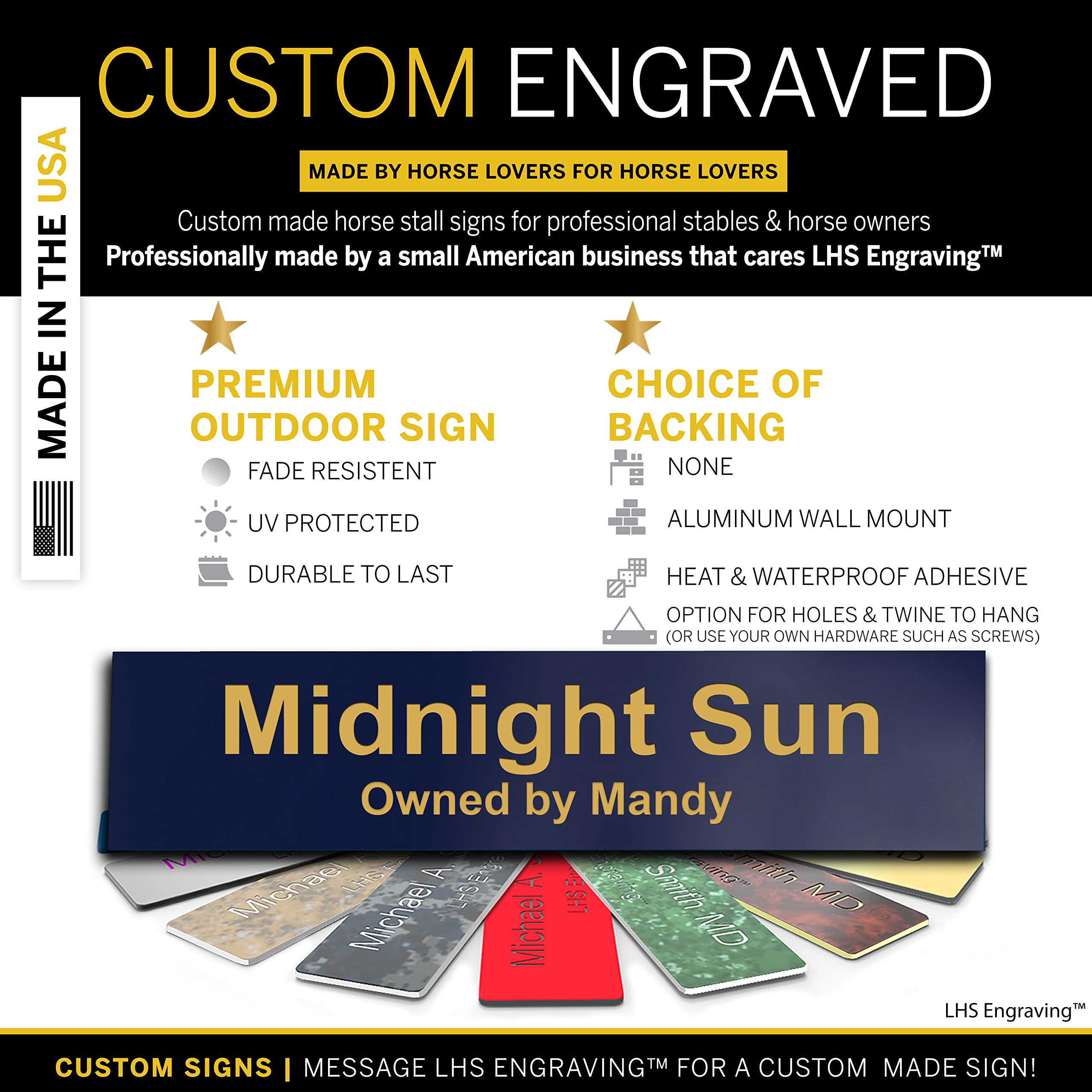 Lhs | Personalized Horse Stall Name Plates, 2X10 Horse Stall Signs With Adhesive, All Weather Uv Protected, Navy Blue Plastic Wi