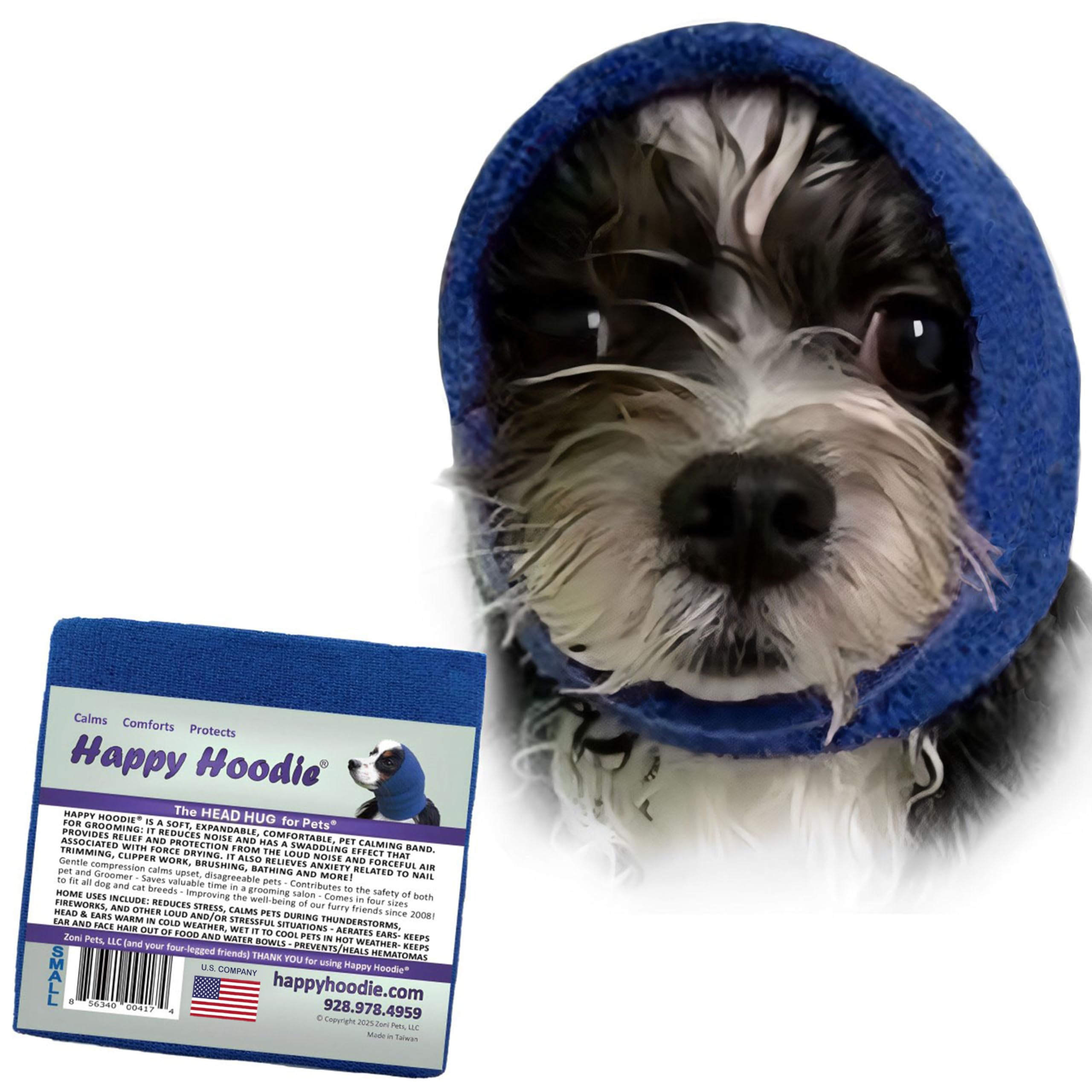 Happy Hoodie The Original Dog & Cat Calming Band, Anxiety Relief/Noise Protection-Grooming-Thunder-Fireworks (Small, Blue)