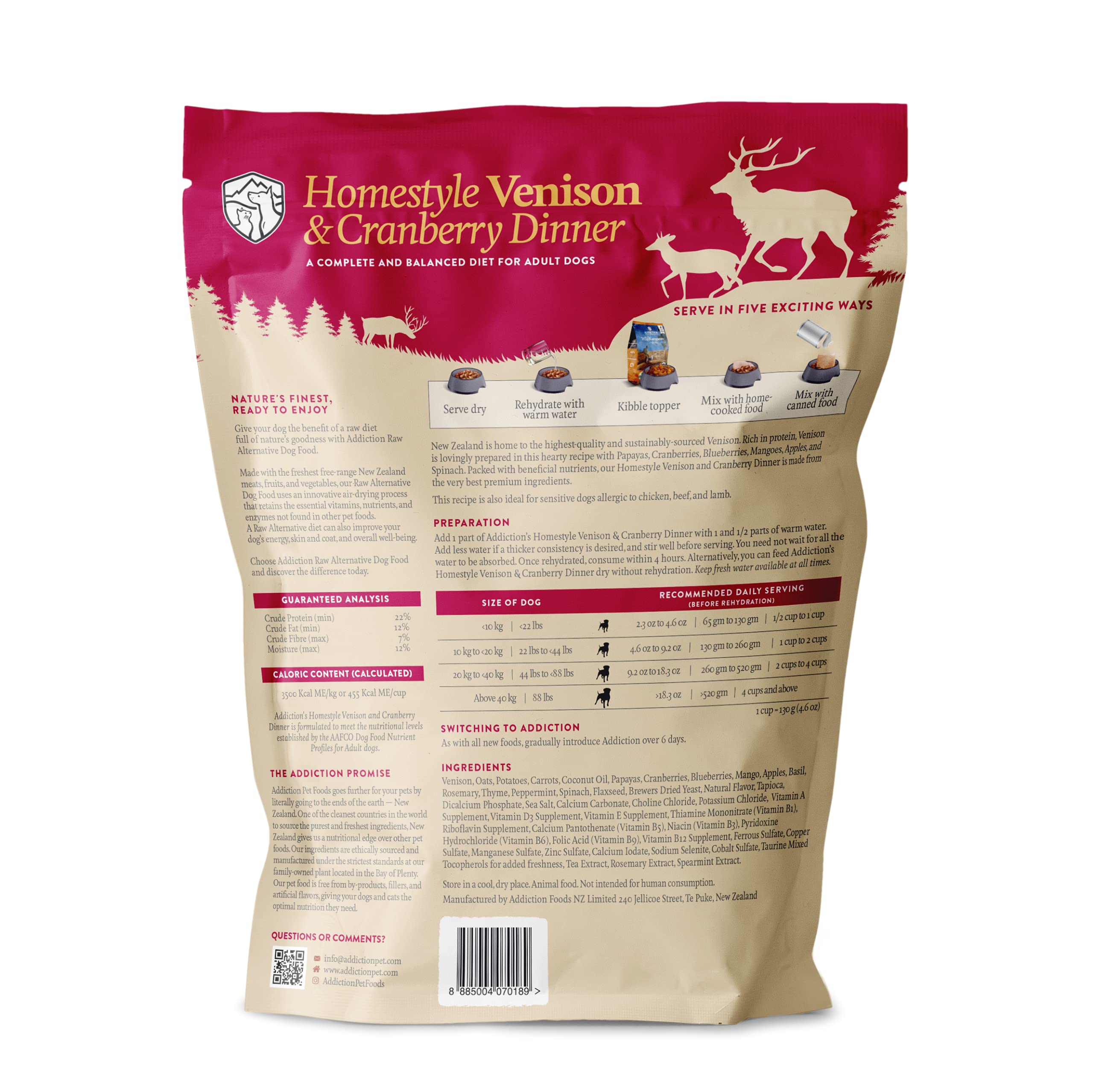 Addiction Homestyle Venison & Cranberry Dinner Raw Alternative Dog Food - Gently Air-Dried Complete Meal or Dog Food Topper for