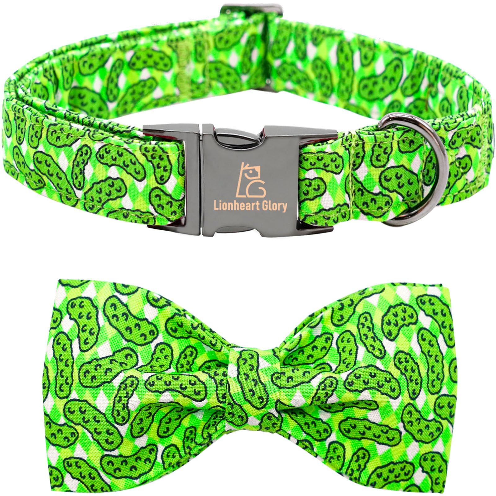 Lionheart glory Dog Bow Collar Cucumbers Print Dog Collar for Medium Dogs, Adjustable Green Collars Spring Dog Collar with Bowti