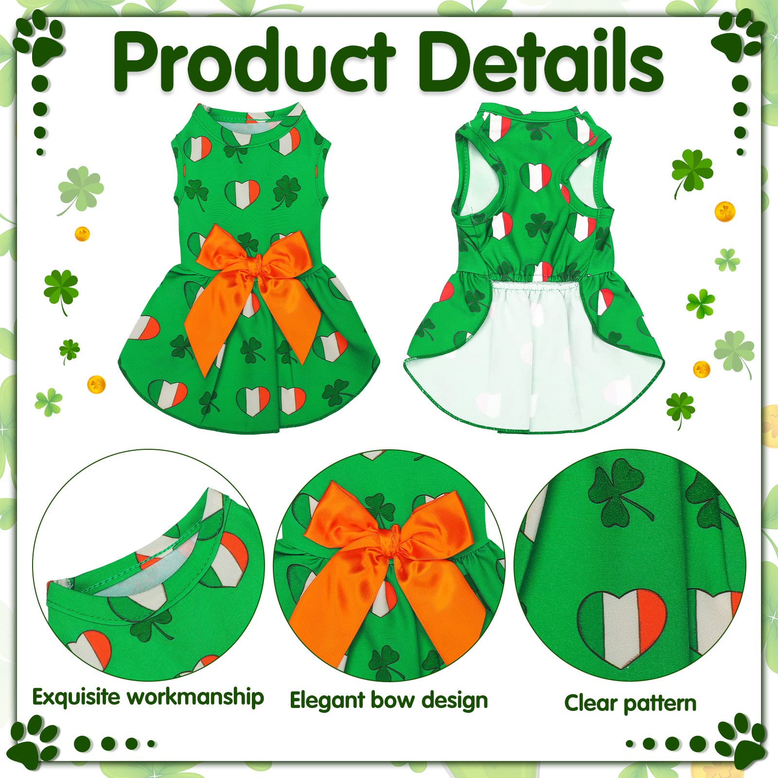 4 Pieces Dog Dresses Holiday Pet Skirts Doggie Bowknot Dresses Outfit Green Clover Puppy Festival Cute Funny Tutu Skirt Apparel Clothes For Dogs Cats Pets