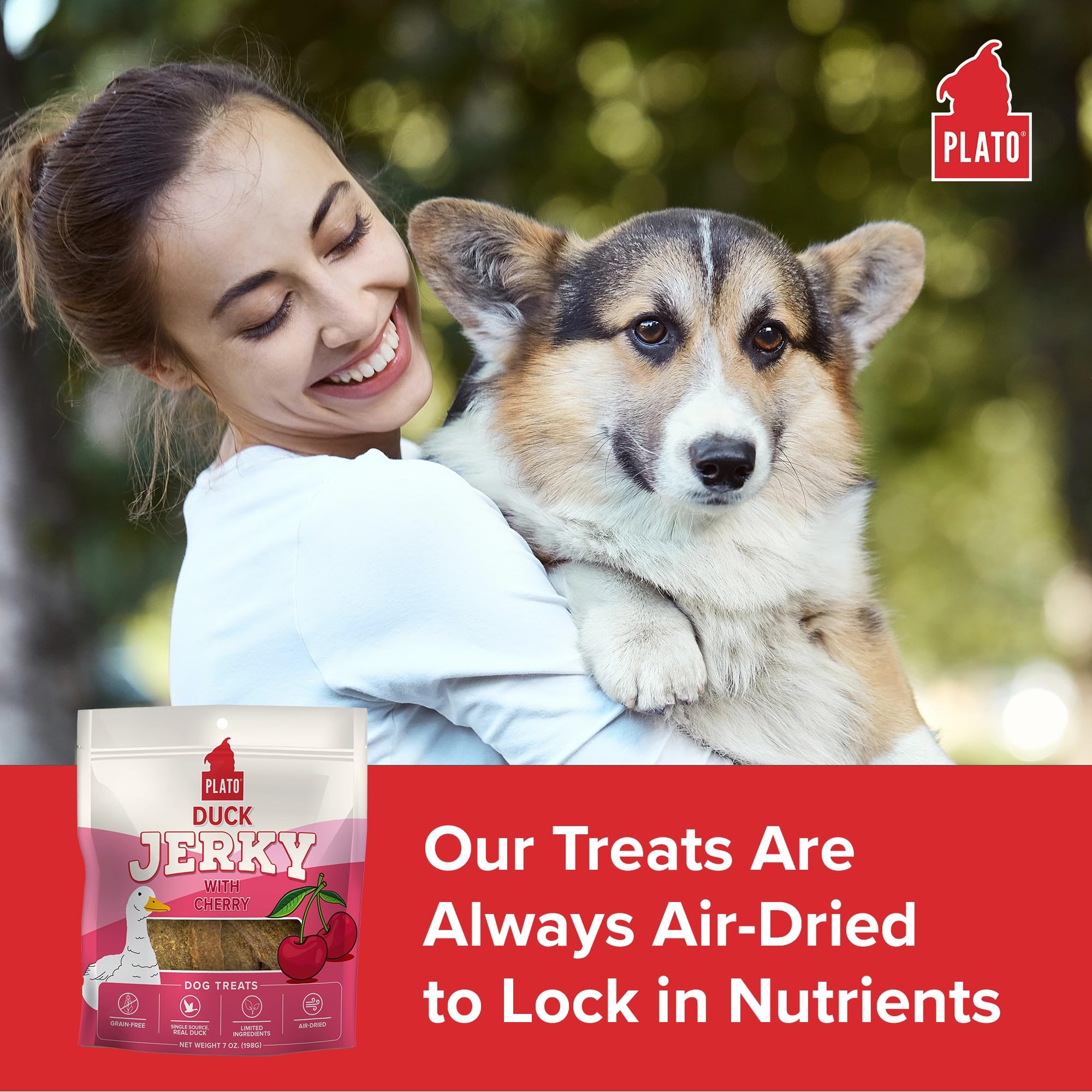 Plato Pet Treats - Air-Dried Jerky - Delicious, Real Meat Dog Treats - Grain Free - Supports Healthy Digestion - Duck with Cherr