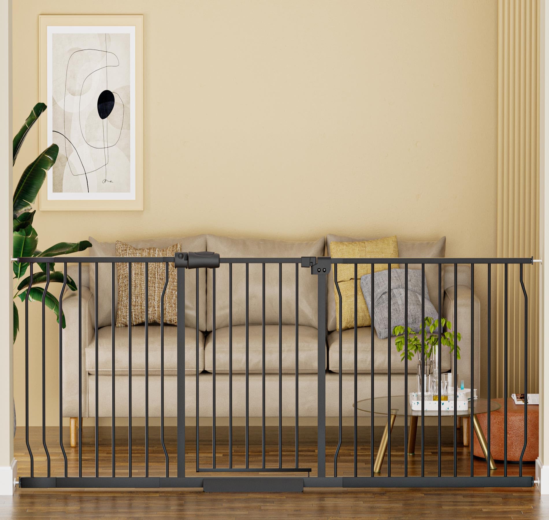 Hoooen Extra Wide Baby Gate Extra Wide Extra Tall Dog Gates For Stairs Doorways Black Metal Tension Indoor Safety Gates With Pressure Mount 76.38-81.1 Inch