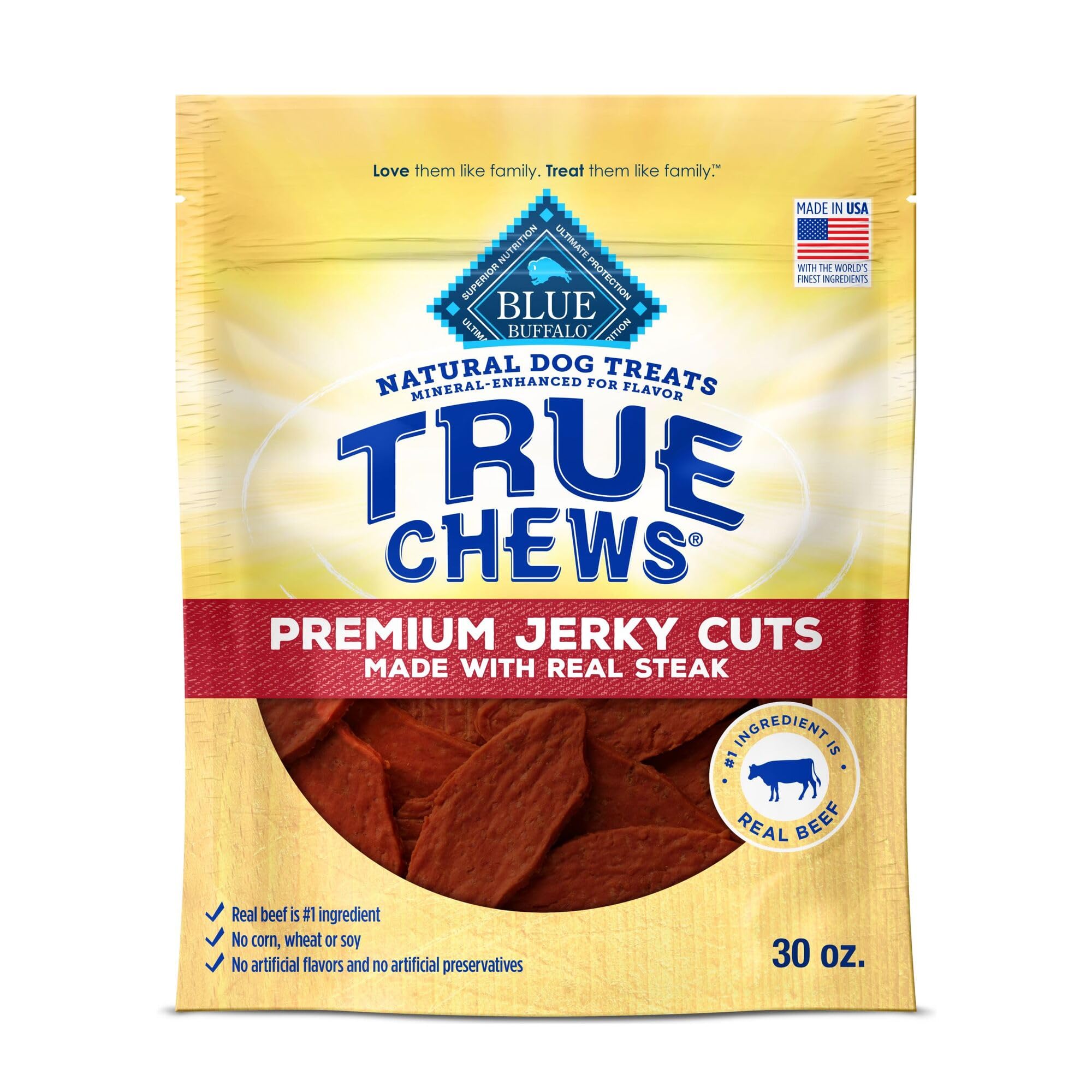 Blue Buffalo True Chews Premium Jerky Cuts Dog Treats, Made in The USA with Natural Ingredients, Beef, 30-oz. Bag