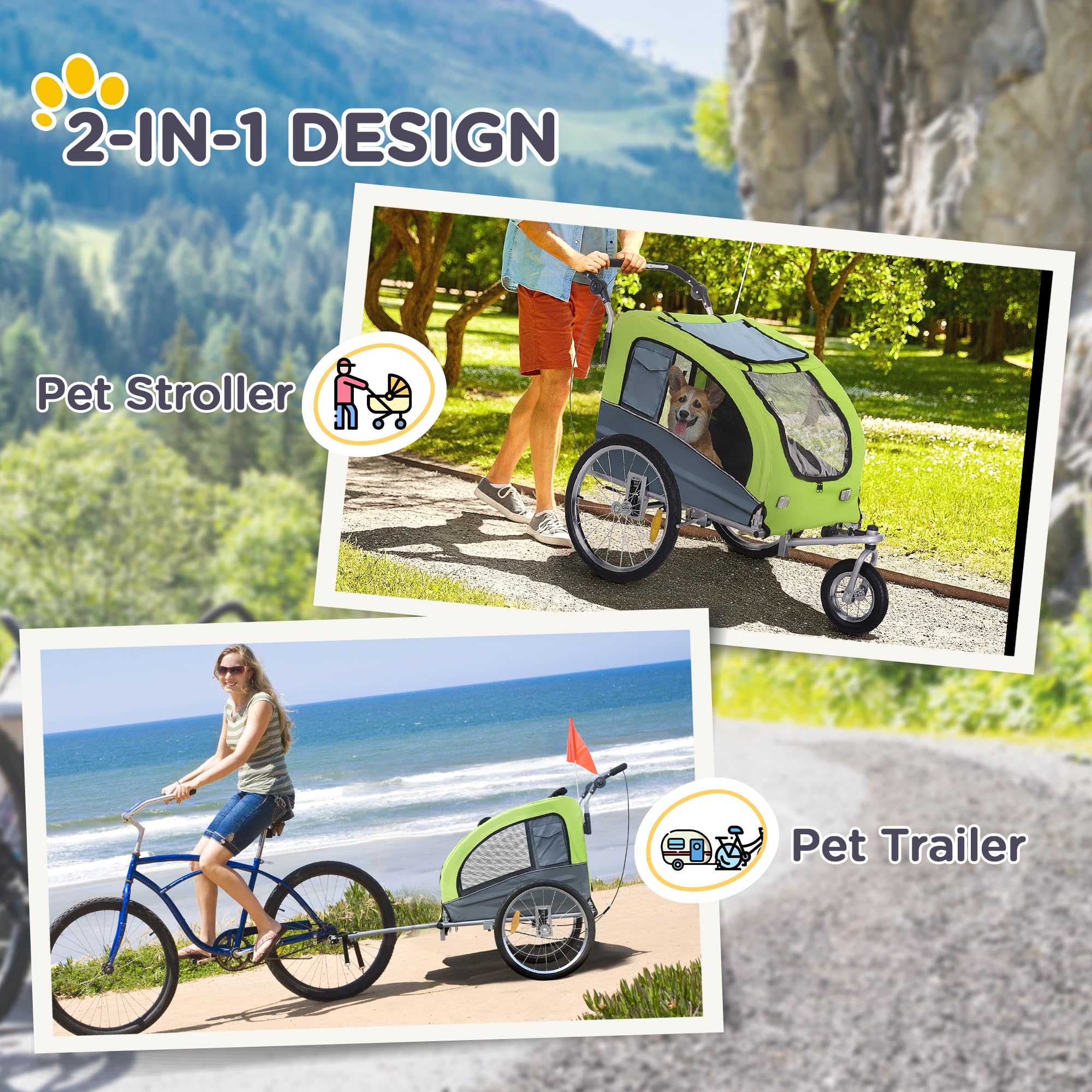 Aosom Dog Bike Trailer 2-In-1 Pet Stroller With Canopy And Storage Pockets, Green