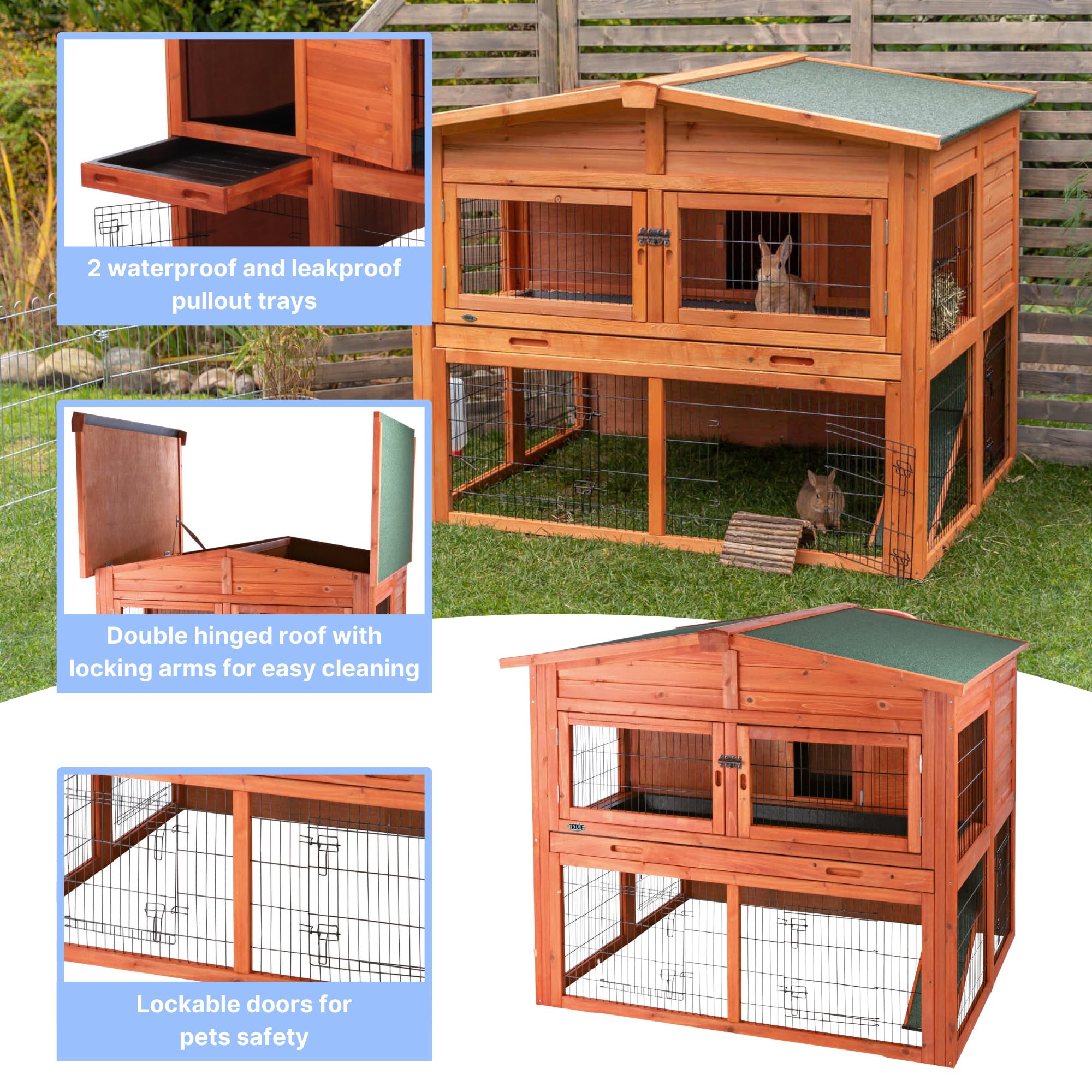 Trixie Natura Outdoor Deluxe Rabbit Hutch With Run - Large 2-Story Rabbit Cage With Non-Slip Ramp - Elevated Small Animal House