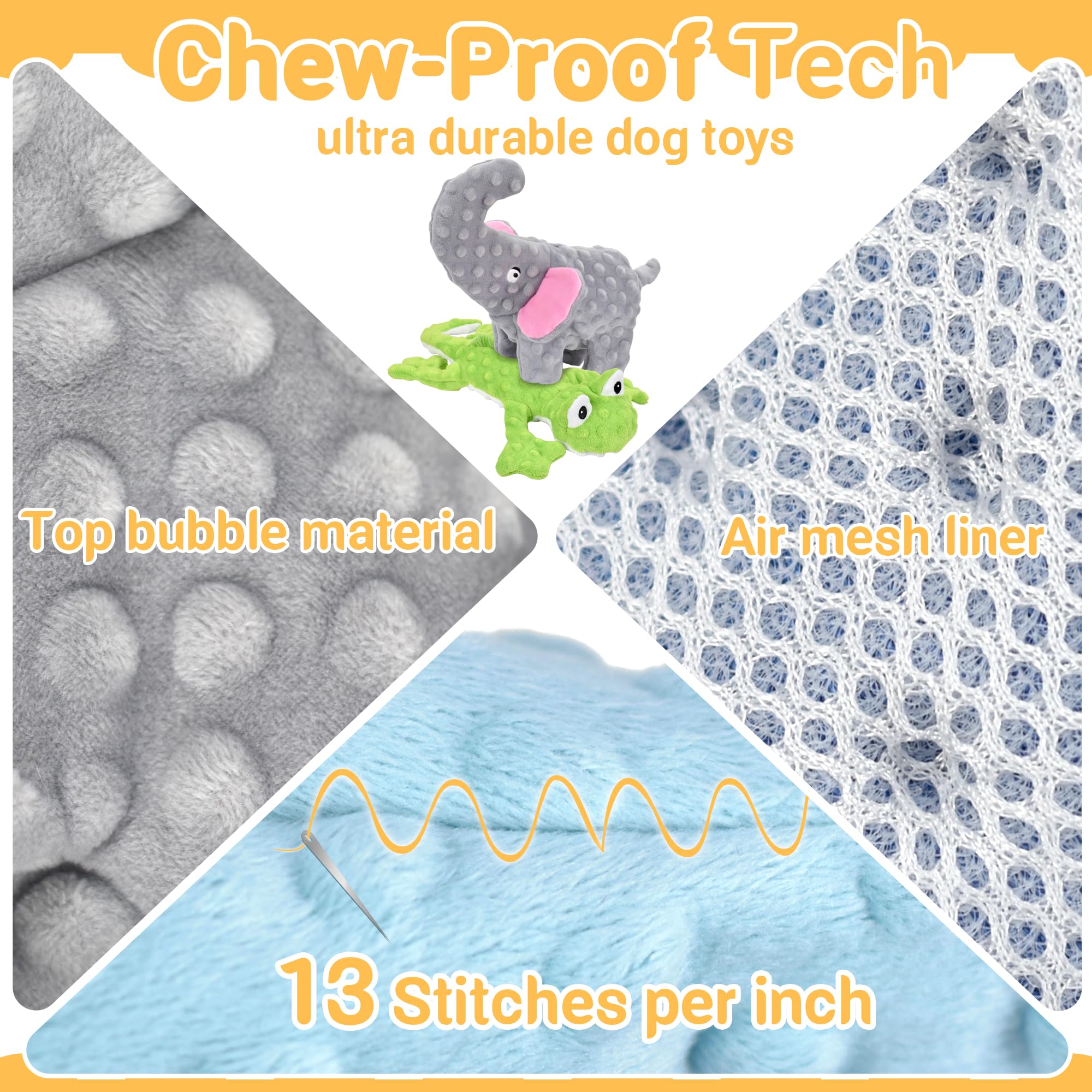 LECHONG No Stuffing Squeaky Dog Toys for Aggressive Chewers, 5-Pack, Multi-Color, Durable Bubble Plush and Mesh Fabric