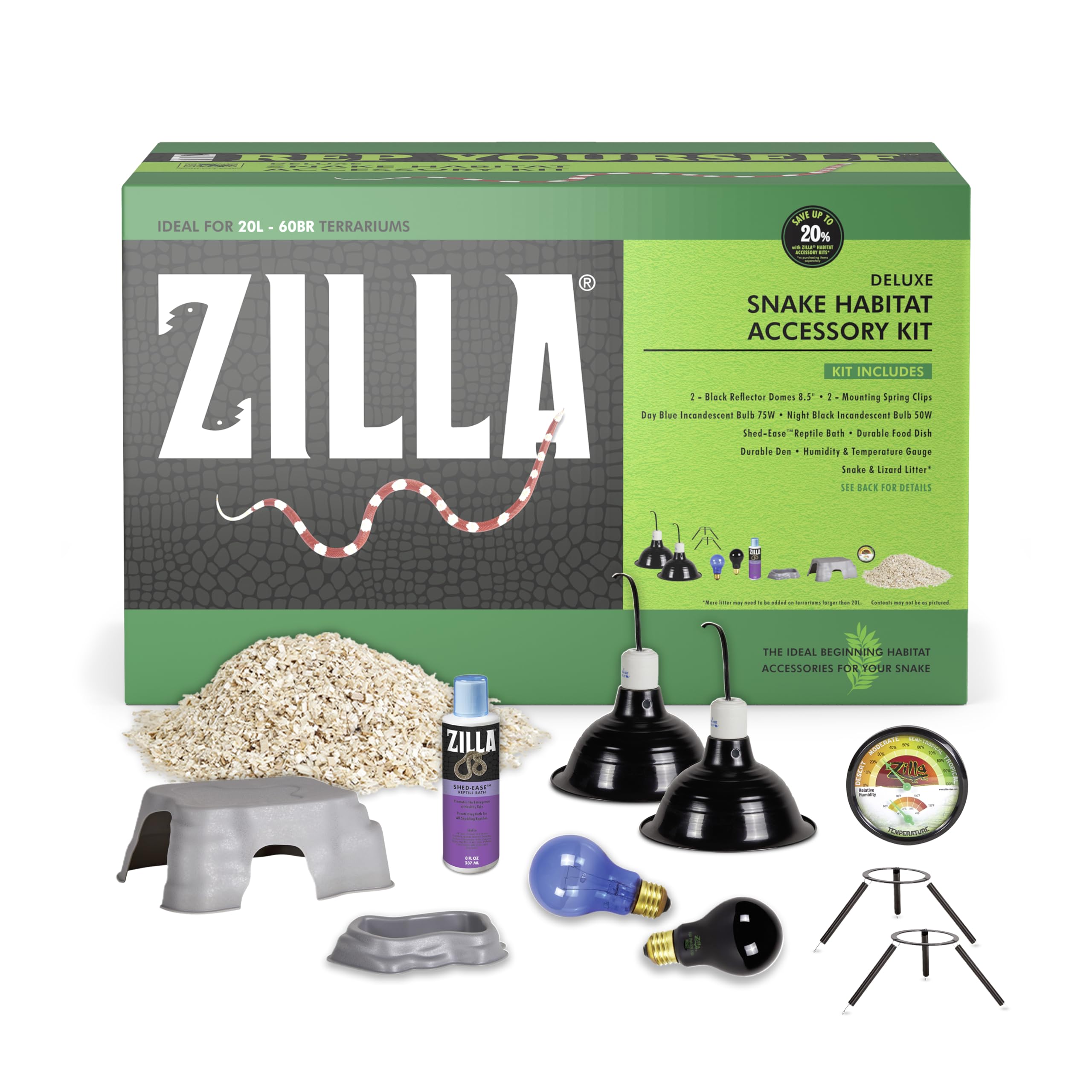Zilla Snake Habitat Accessory Kit, Easy Starter Kit for Snakes, Includes Lighting, Bedding, Shedding Solution, Shelter and Feedi