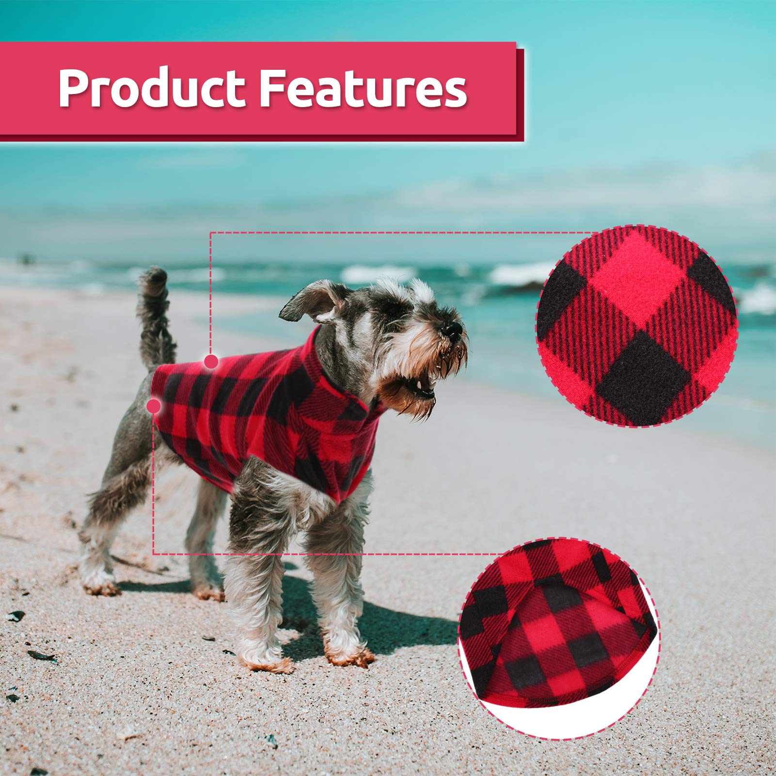 Asenku Plaid Dog Fleece Vest, Soft Comfortable Pet Pajamas, Warm Winter Dog Shirt, Cold Weather Coat Jacket - Red, Xs