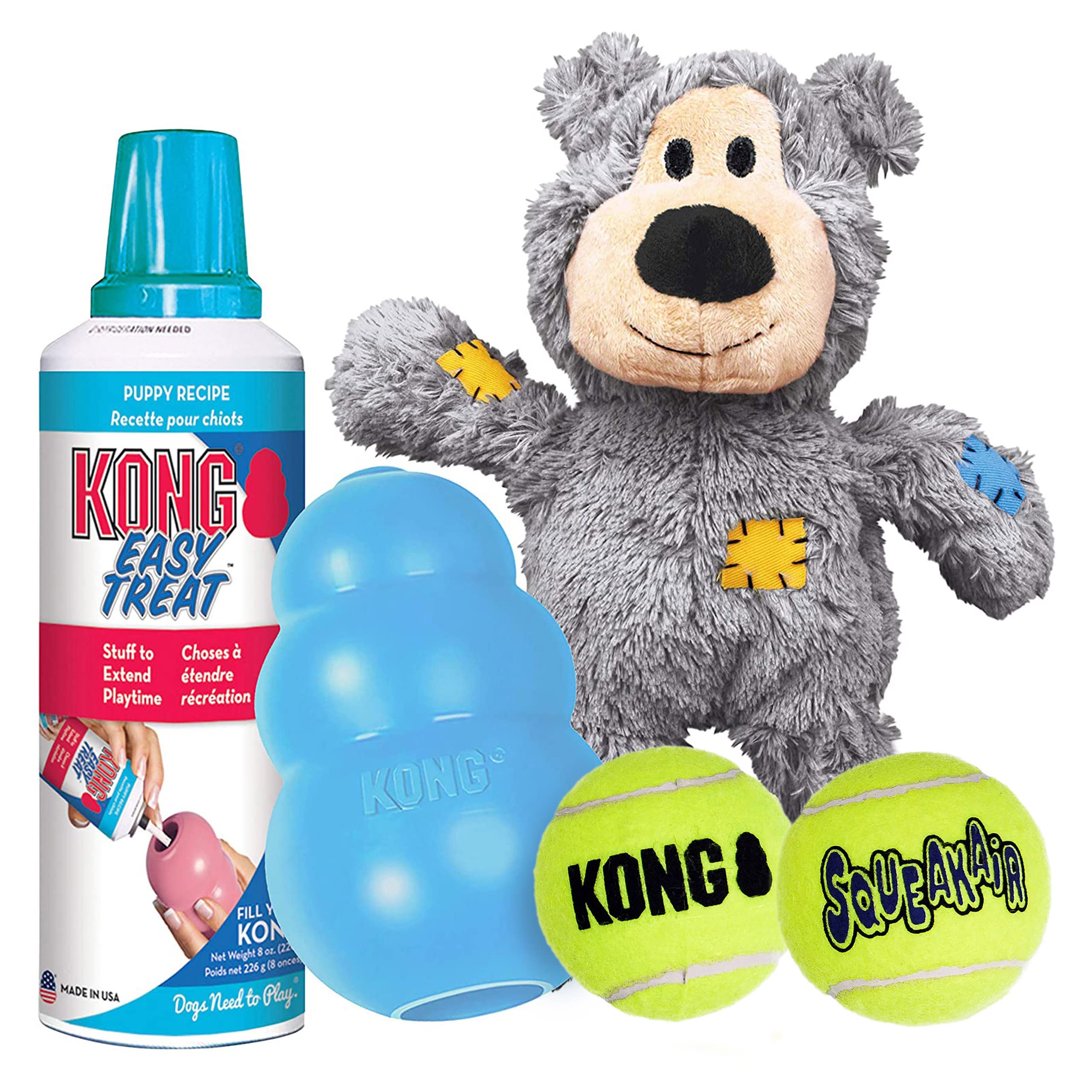 Kong Puppy Starter Dog Toy Kit - Interactive Puppy Toys - Puppy Toy Kit With Squeakair Balls, Puppy Easy Treat, Wild Knots Bear & Puppy Kong Dog Toy - For Medium Puppies - Blue