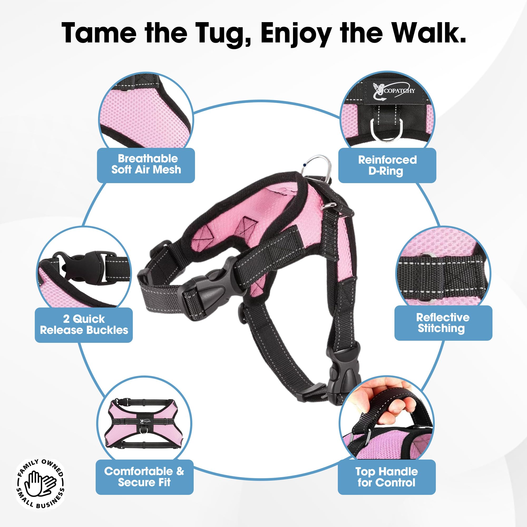 Copatchy No Pull Reflective Adjustable Dog Harness With Handle (Xx-Small, Pink)
