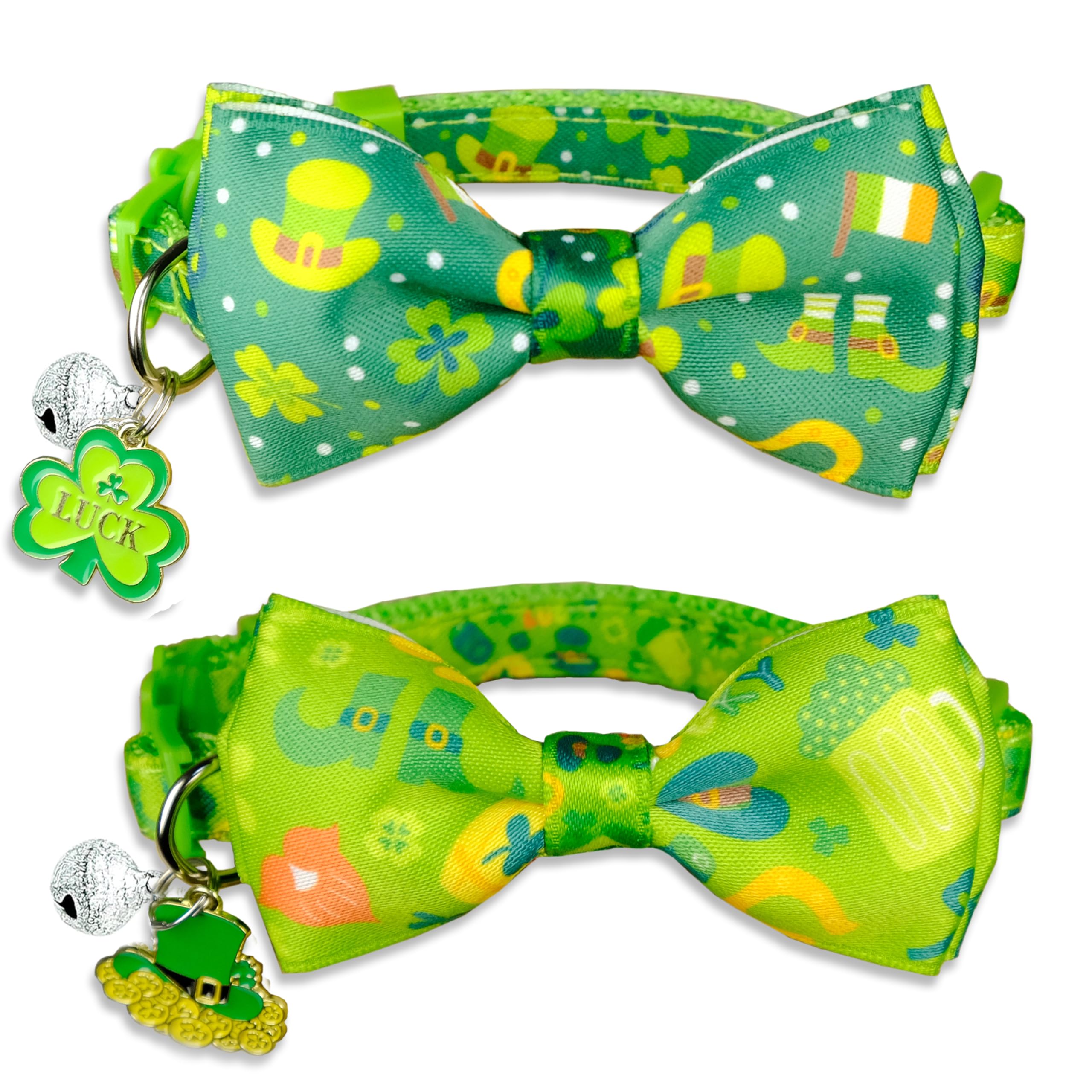 St. Patrick'S Day Cat Bow Tie Collar, 2-Pack Adjustable Breakaway Collars With Lucky Charms, Shamrocks, And Irish Patterns For C