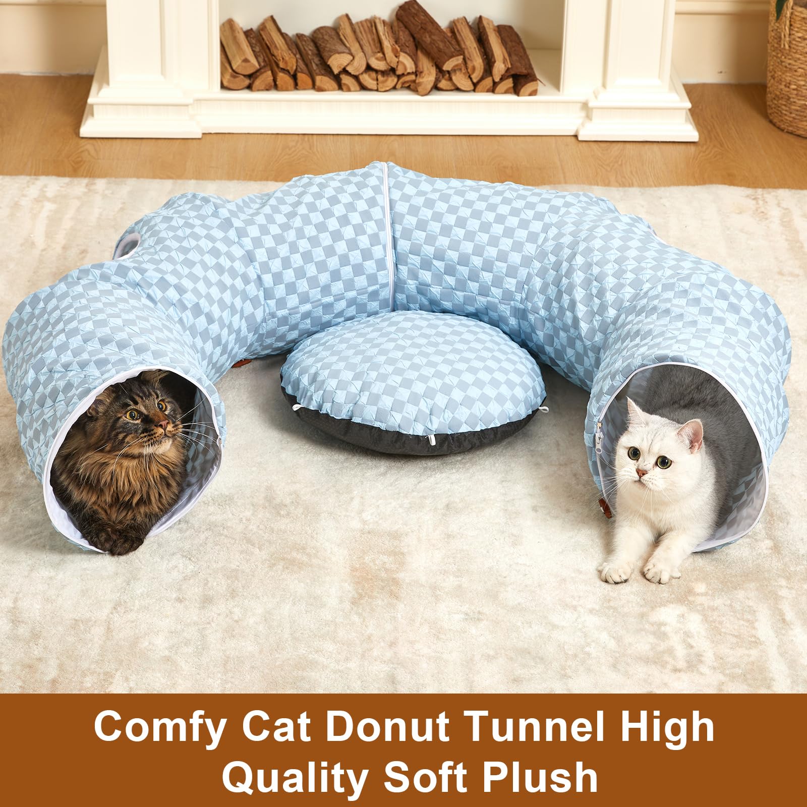 Bininl Tunnel Bed For Indoor Cats Peekaboo Cave Donut For Cat With Washable Circle Cushion Interior Cat Play Tunnel Light Blue