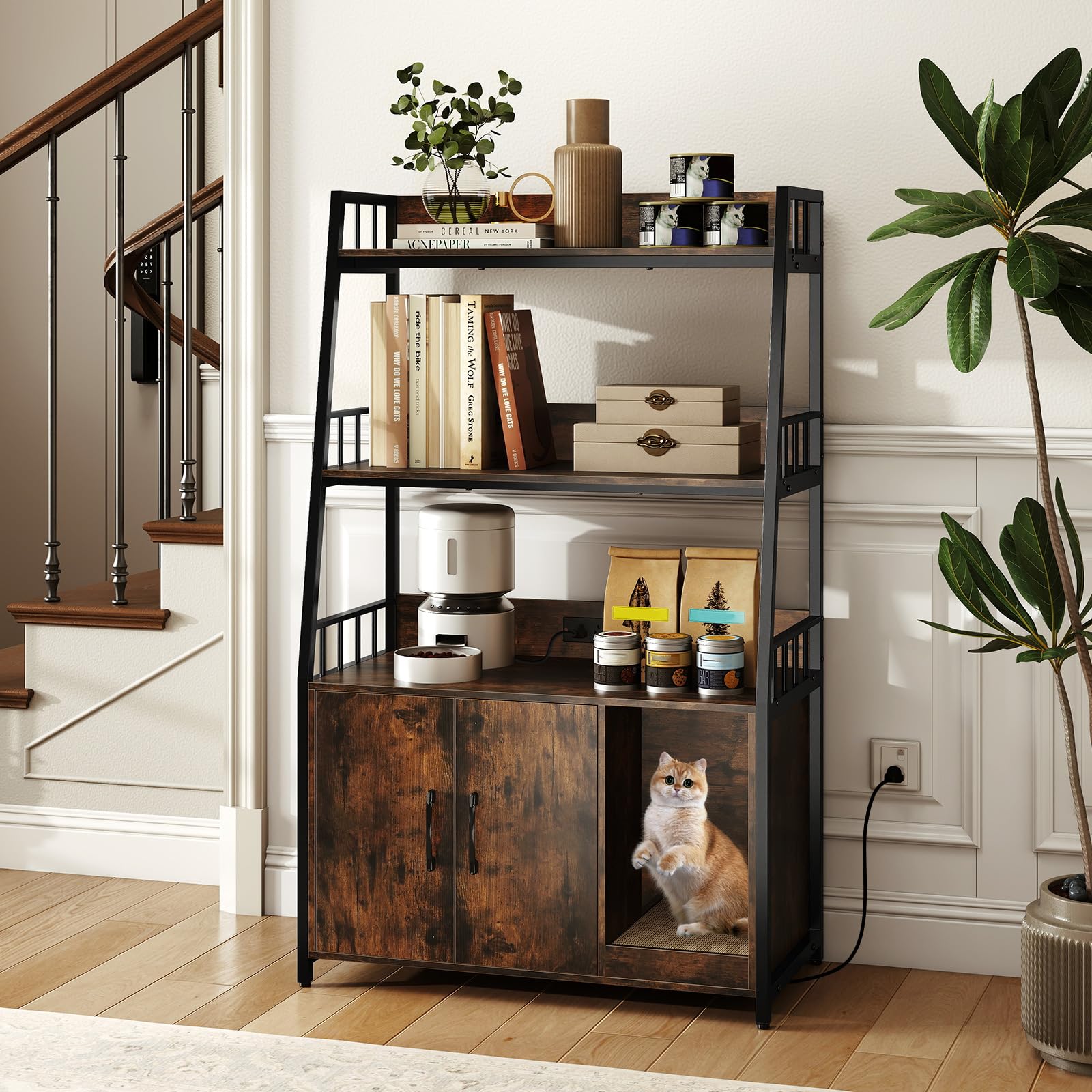 PETSITE Cat Litter Box Enclosure with Storage Shelves, 52 Inches Tall Hidden Litter Box with Charging Station, Scratching Board,