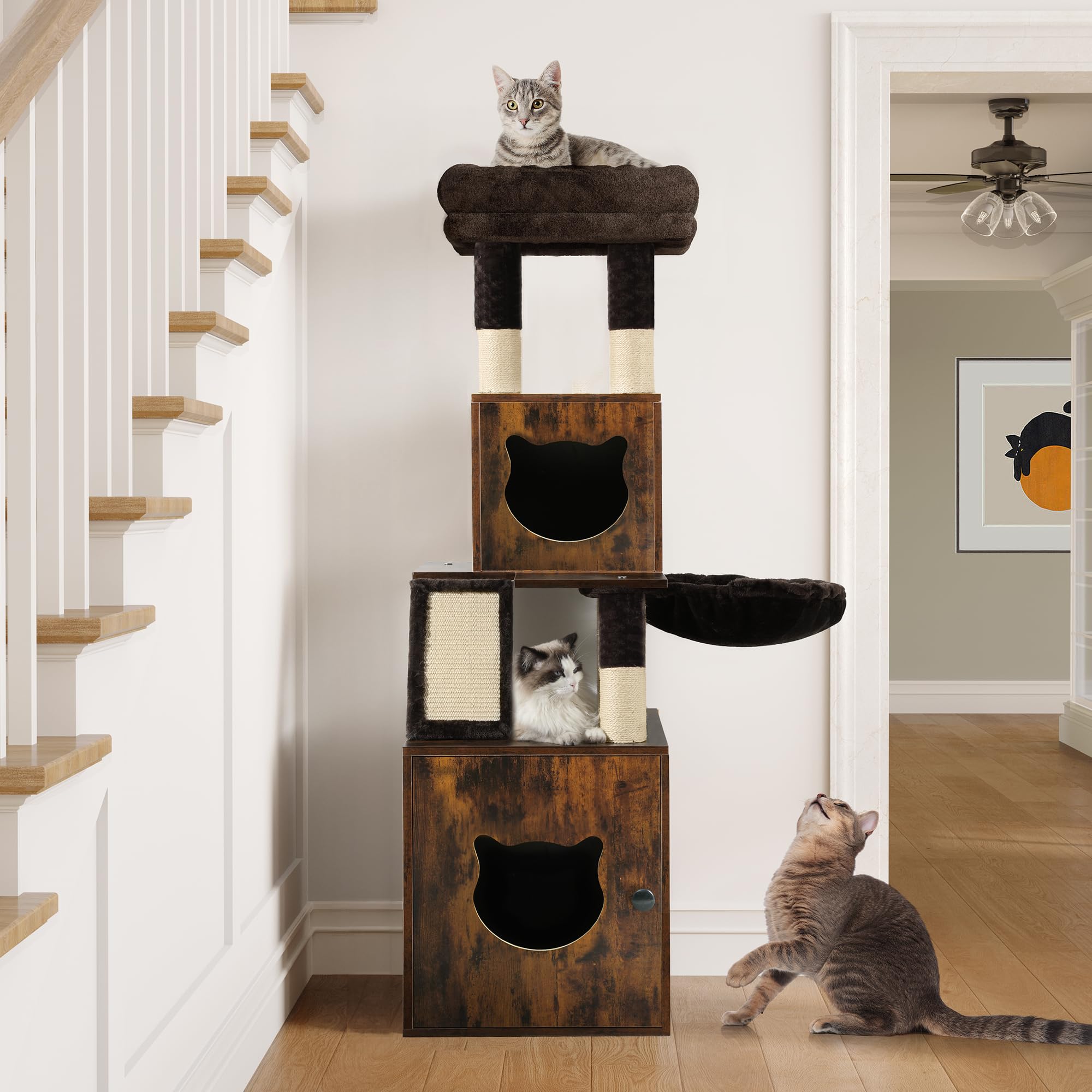 YITAHOME Modern Cat Tree with Litter Box Enclosure, Combo Endtable and Large Cat Tower with Basket, 4-in-1 Litter Box Furniture 