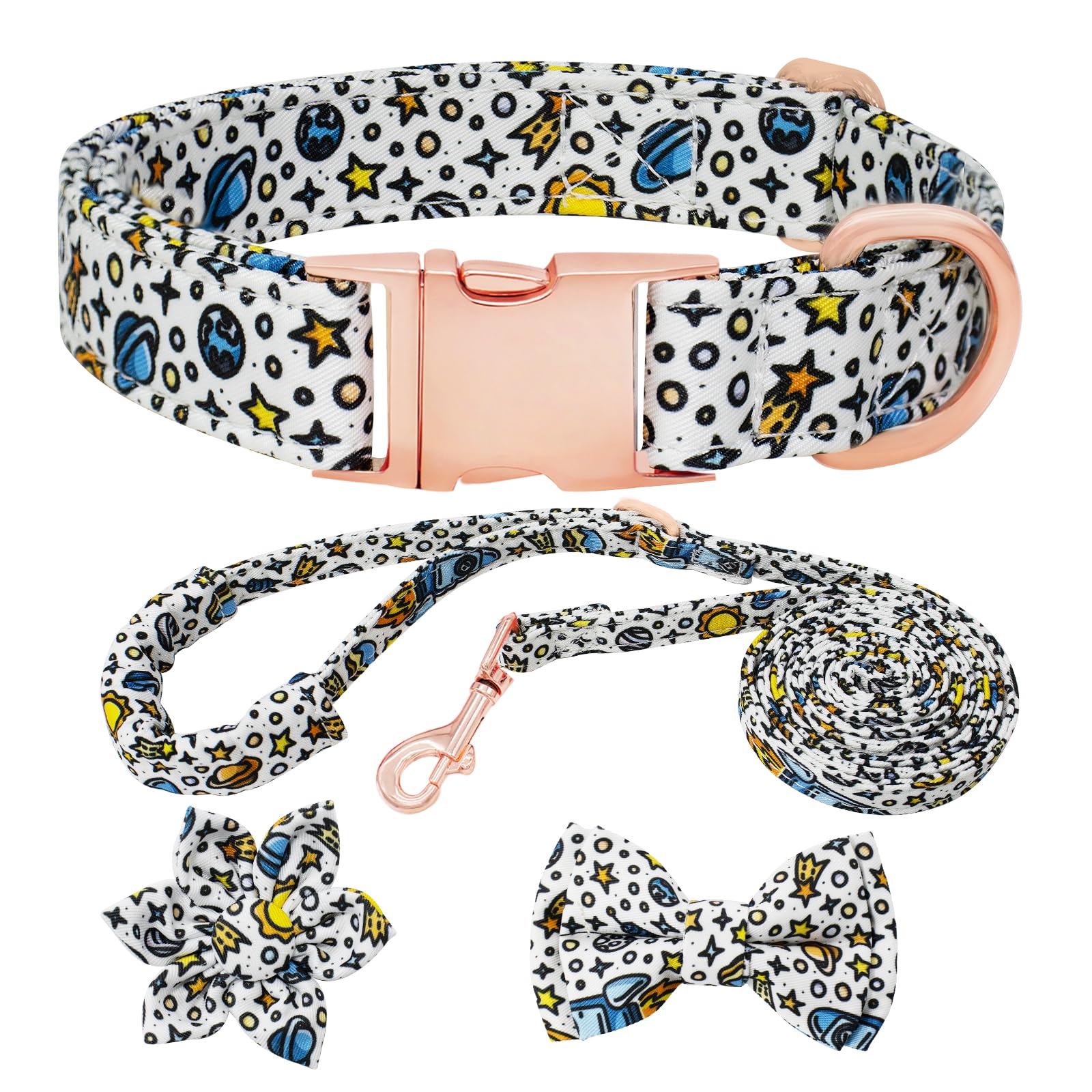 HSIGIO Dog Collar and Leash Set Girls Adjustable Puppy Collars with Floral Bow Tie for Small Medium Large Female Dogs, Solar Sys