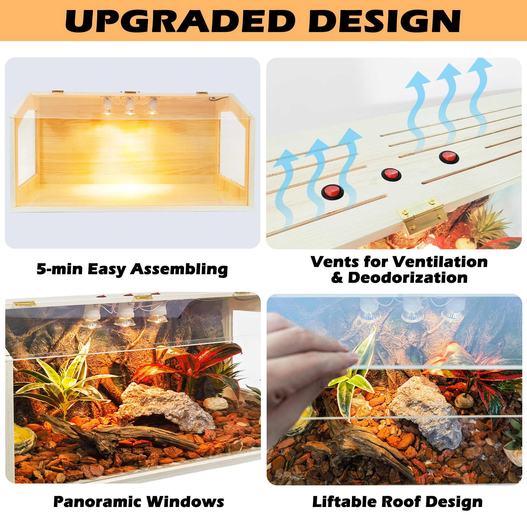 Prolee 68 Gallon Reptile Terrarium Tank Large 48 Inch Lizard Tank Bearded Dragon Tank With Roof Door, Snake Tank With Built-In L