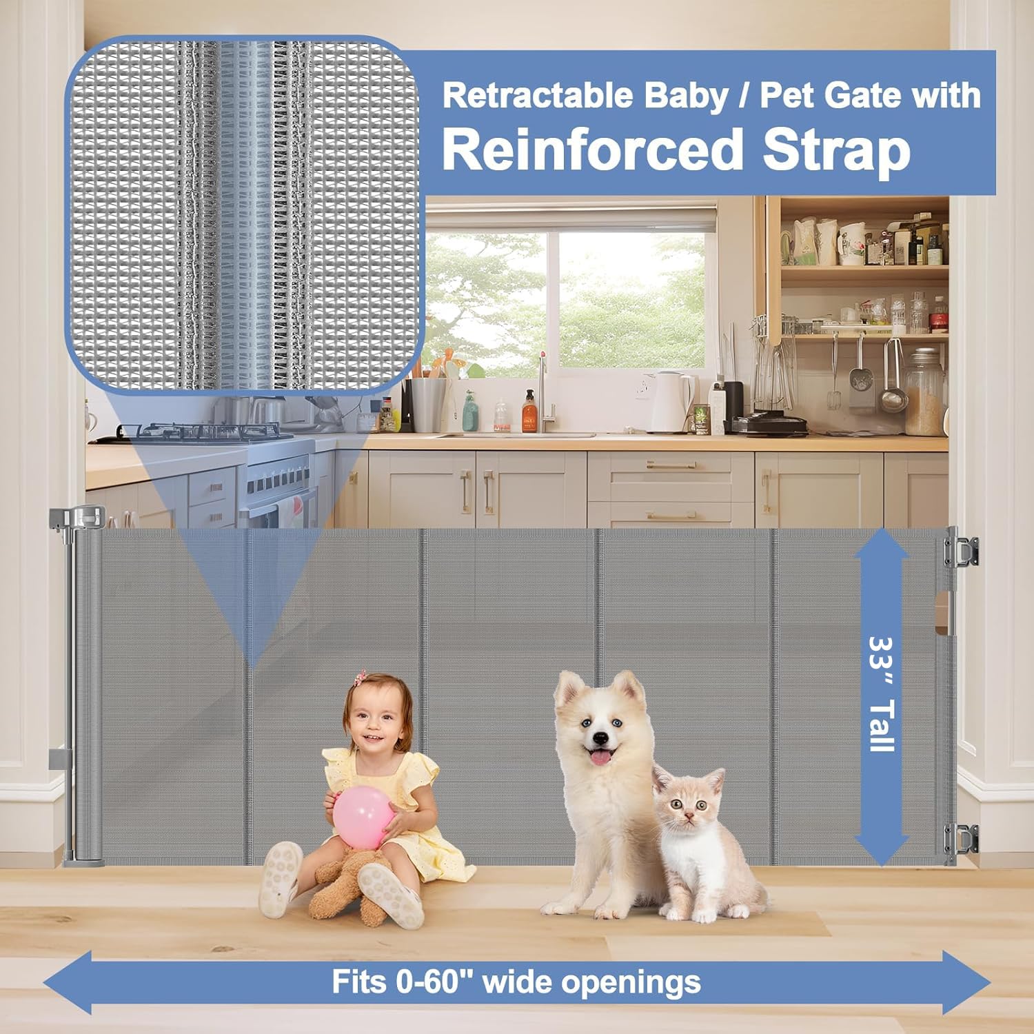 Reinforced Retractable Dog Gate with Support Strip 60'' Wide Retractable Outdoor Gate for Decks Mesh Dog Gate Retractable Indoor