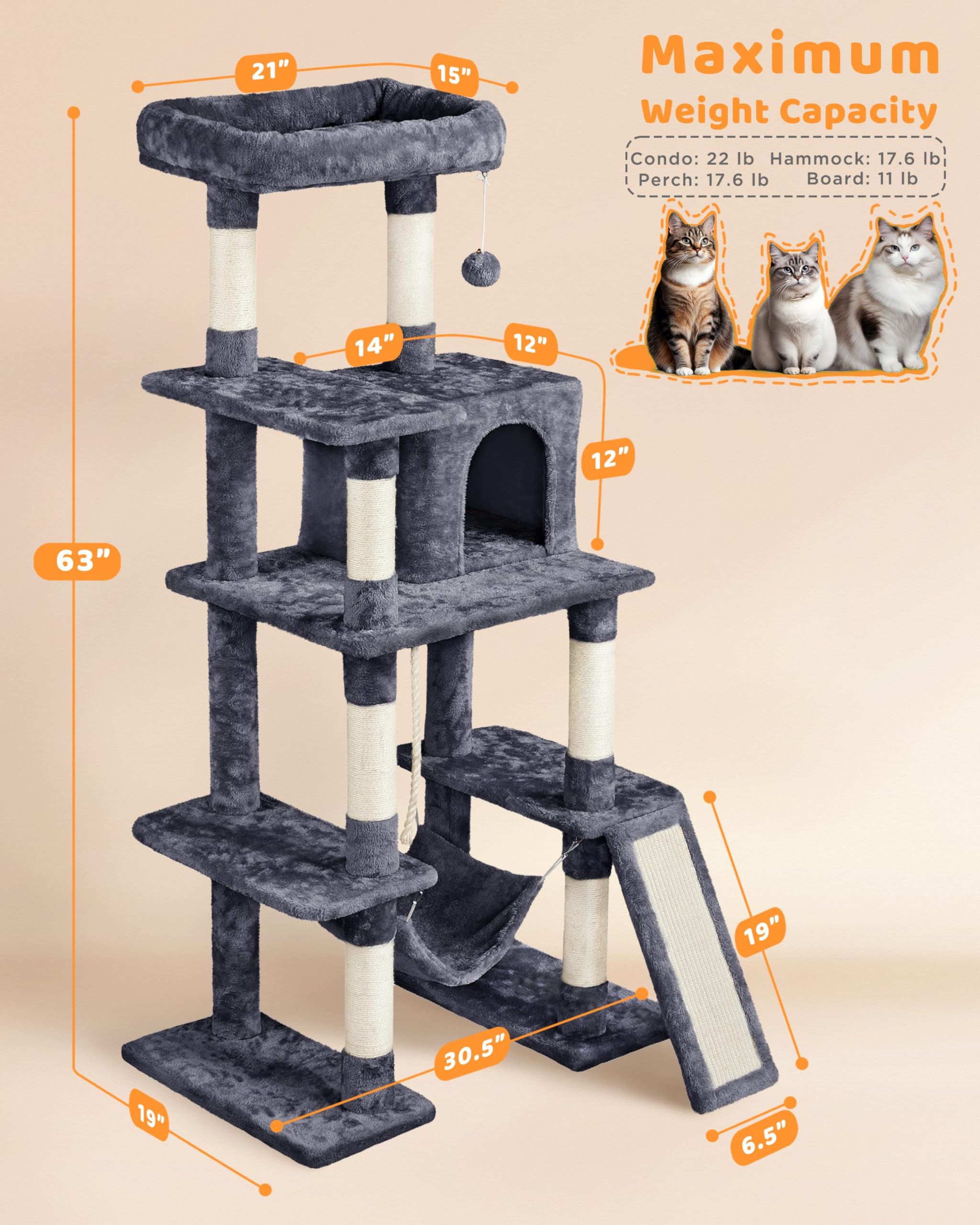 Yaheetech Large Multi-Level Cat Tree, 63 Inches Tall With Sisal-Covered Scratching Posts, Condo, Hammock, Dangling Ball, And Ext