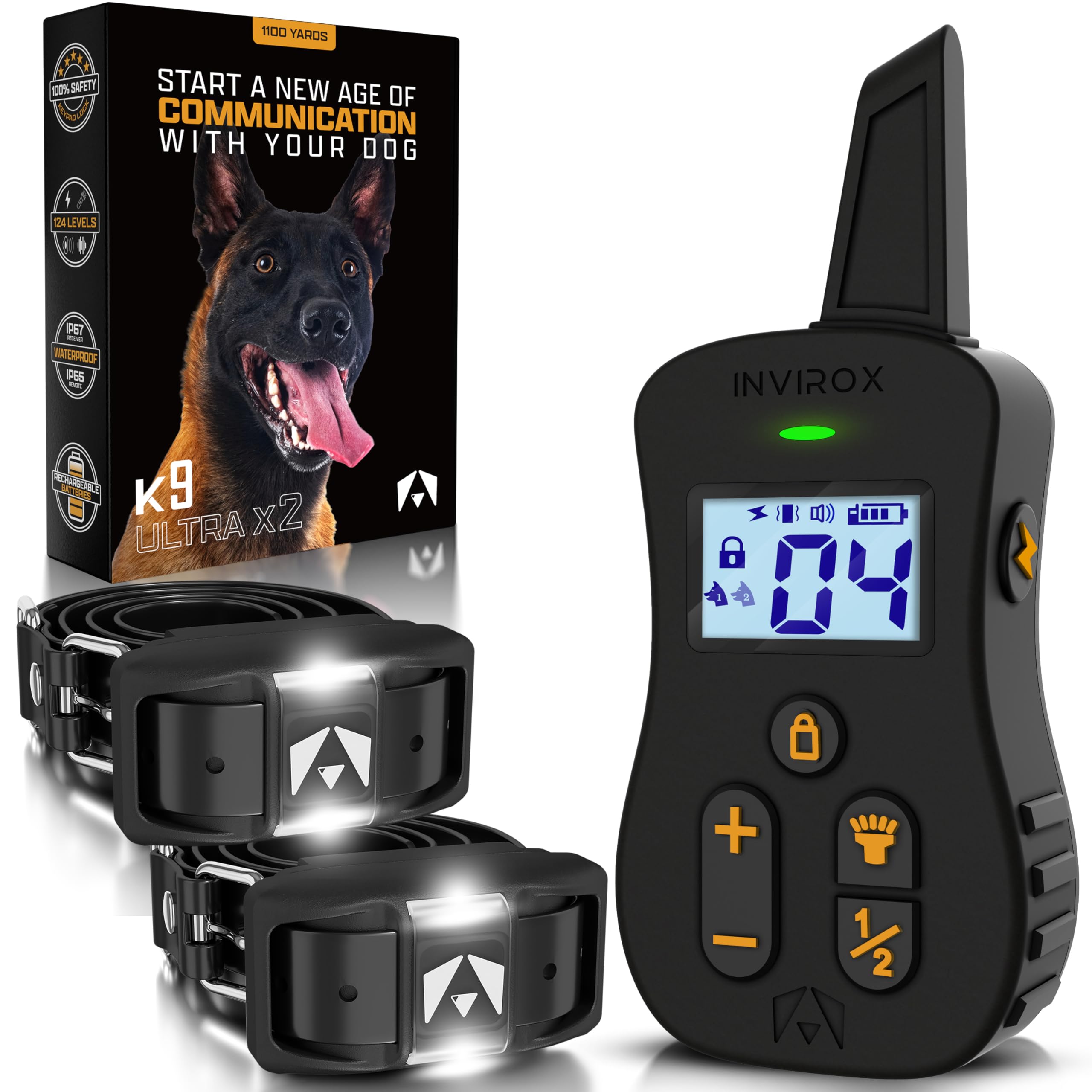 Invirox Dog Shock Collars [Ultra K9 X2] 124 Training Levels, 4 Powerful Modes With Night-Light And  Mile Range 100% Safe Dog Tra