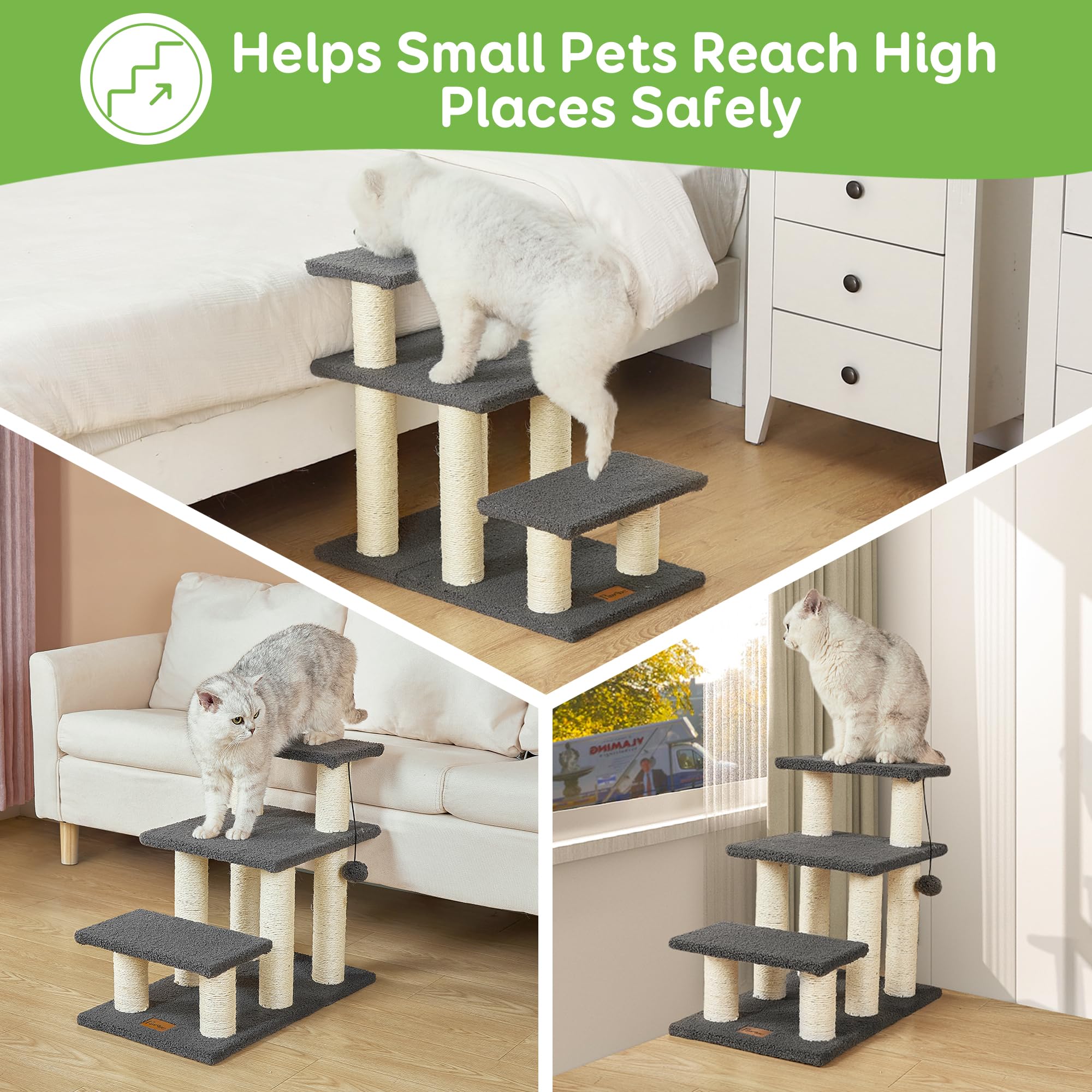 Pawque Dog Stairs & Cat Scratching Post, 3-Steps, Grey, Holds up to 150 lbs, High-Strength Boards for Small Pets