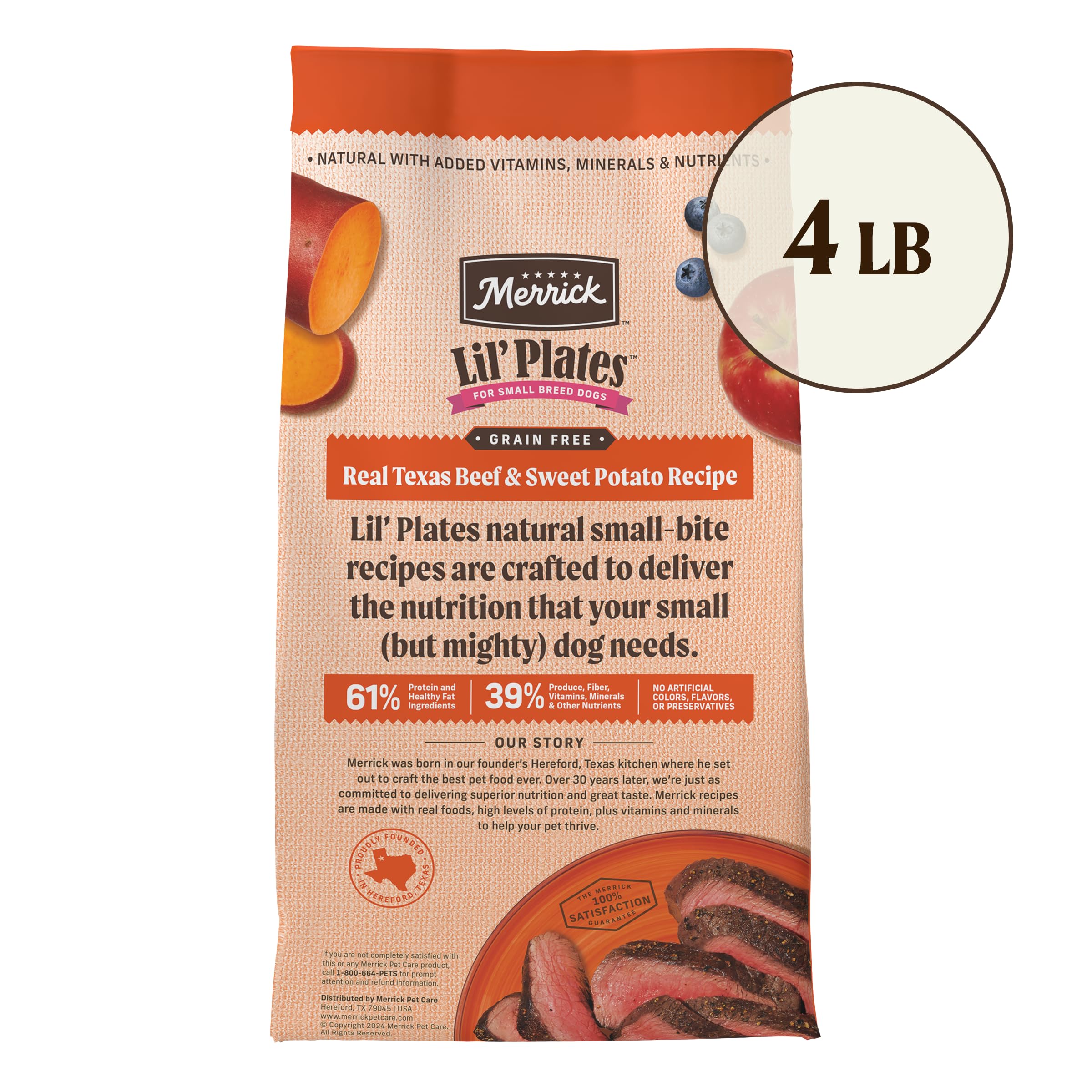 Merrick Lil Plates Premium Grain Free Dry Dog Food For Small Dogs, Real Texas Beef And Sweet Potato Kibble - 4.0 lb. Bag