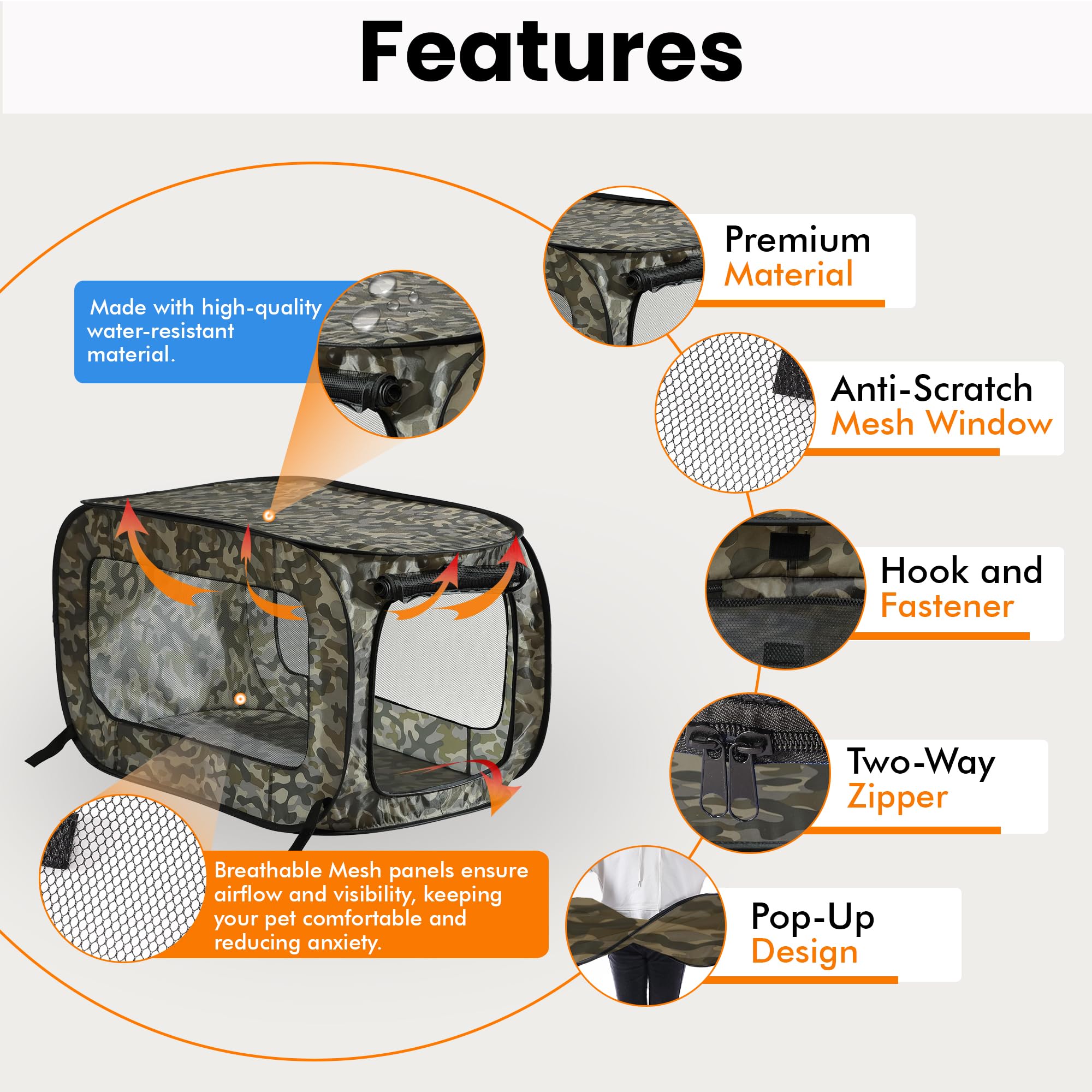 Beatrice Home Fashions Portable, Collapsible, Pop Up Kennel Travel Cat And Dog Crate, 40'' L X 27'' W X 27'' H, Camo Green