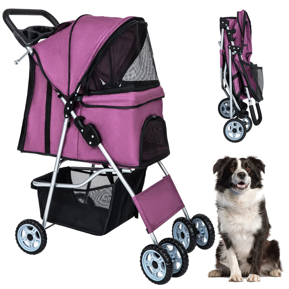 Bestpet Pet Stroller Dog Cat Jogger Stroller For Medium Small Dogs Cats Folding Lightweight Travel Stroller With Cup Holder (Pur