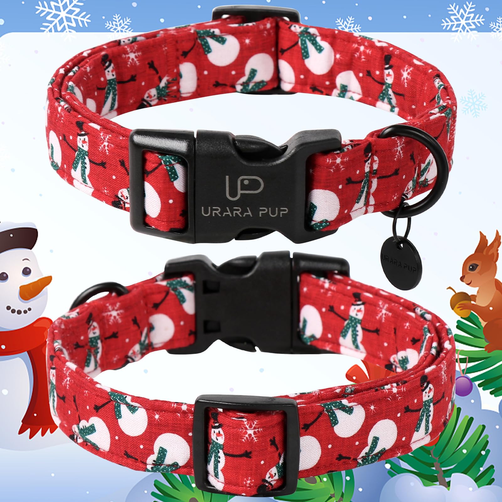 Up Urara Pup Red Christmas Dog Collar, Cute Snowman Christmas Collar With Quick Release, Comfortable Cotton Dog Collar For Puppy