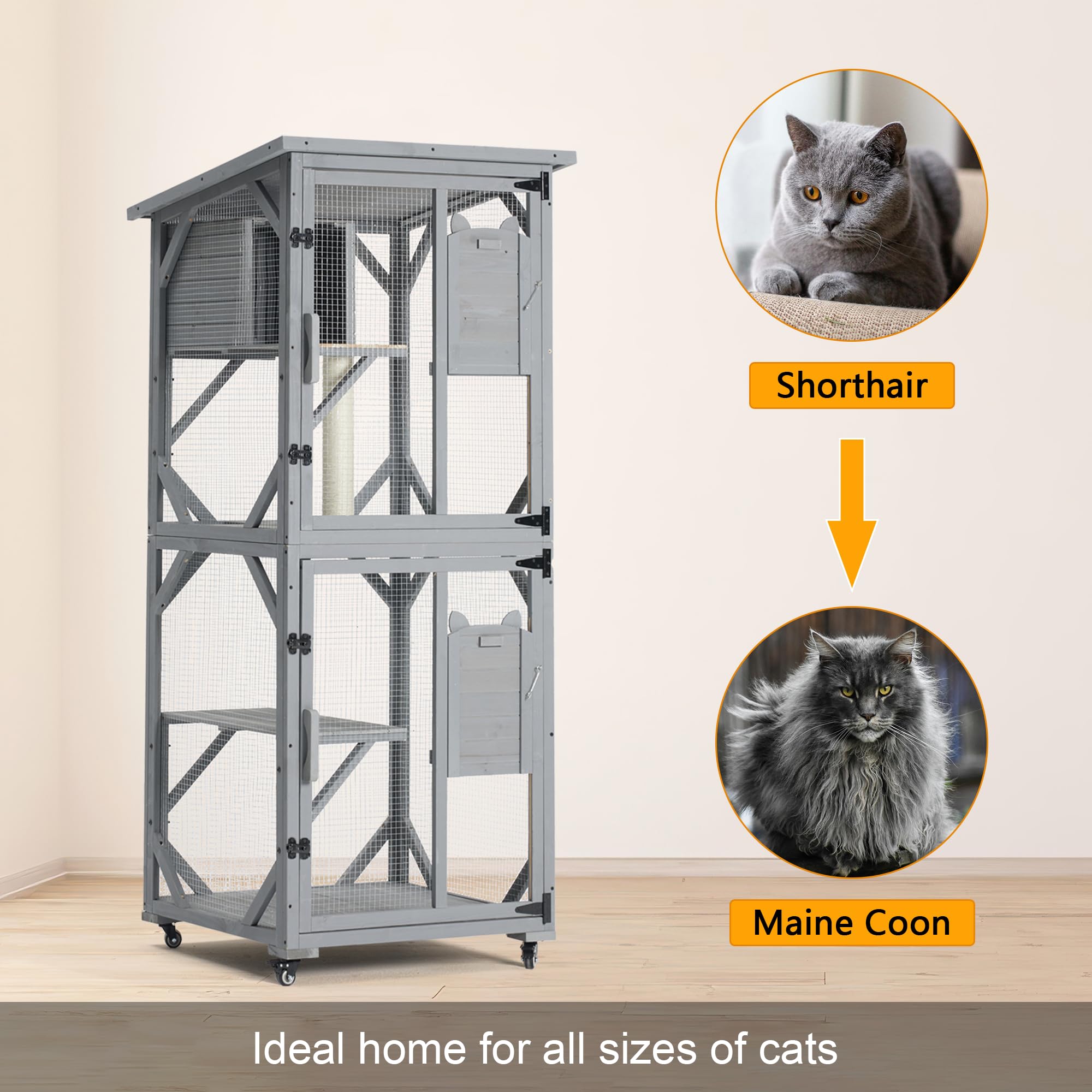 71Inches Large Wood Catio Outdoor Cat Enclosure With P6 Jumping Platforms & 2 Napping Houses, Cat House Indoor With Waterproof R