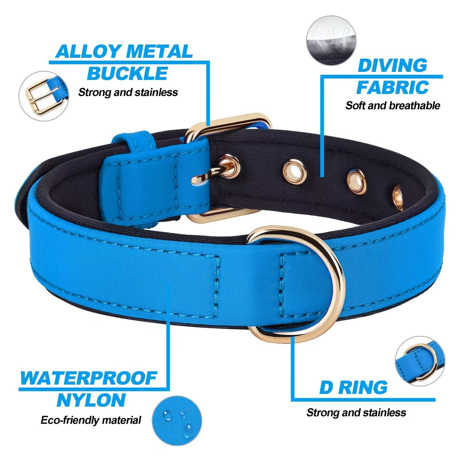 Didog Soft Padded Dog Collars For Small Dogs, Lightweight And Breathable Dog Collar Waterproof With Metal Buckle For Puppy, Blue