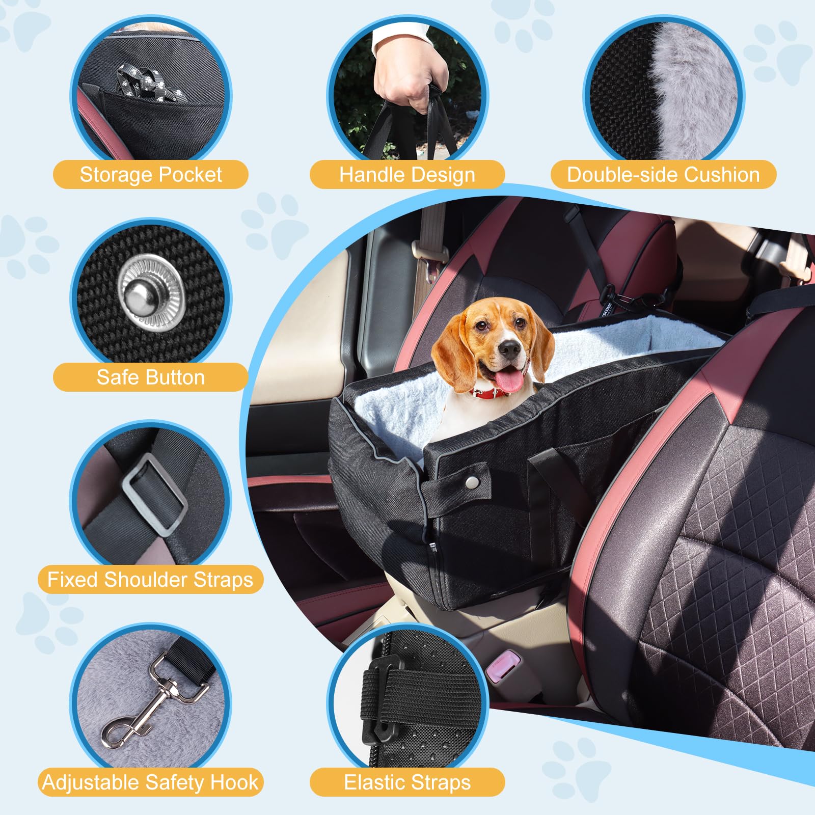 Center Console Dog Car Seat for Small Dogs Up to 12lbs, Detachable Armrest Pet Seat with Adjustable Straps & Storage Pocket (Bla