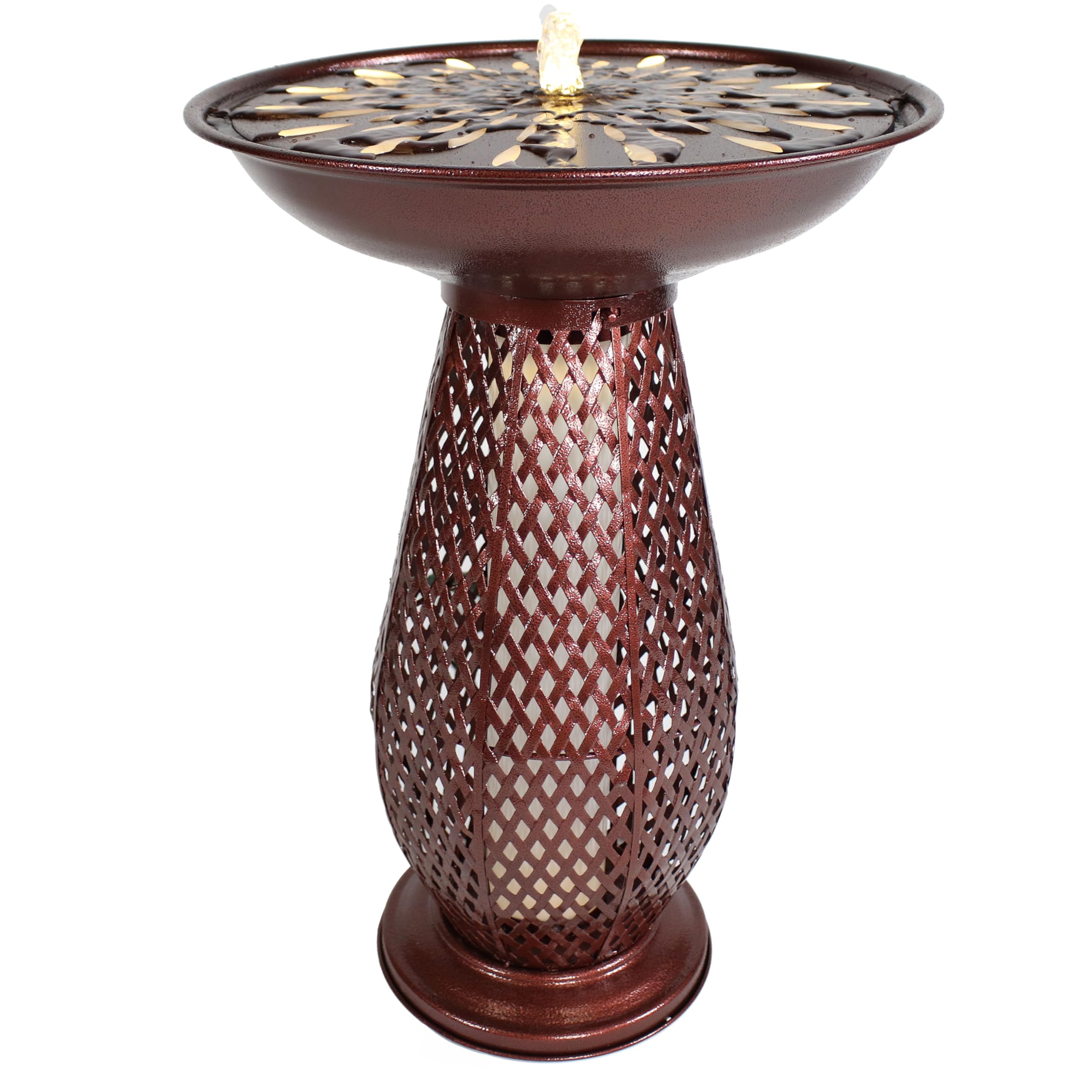 Sunnydaze Outdoor Bird Bath Water Fountain with Metal Crosshatch Design - 28.5-Inch - includes LED Lights