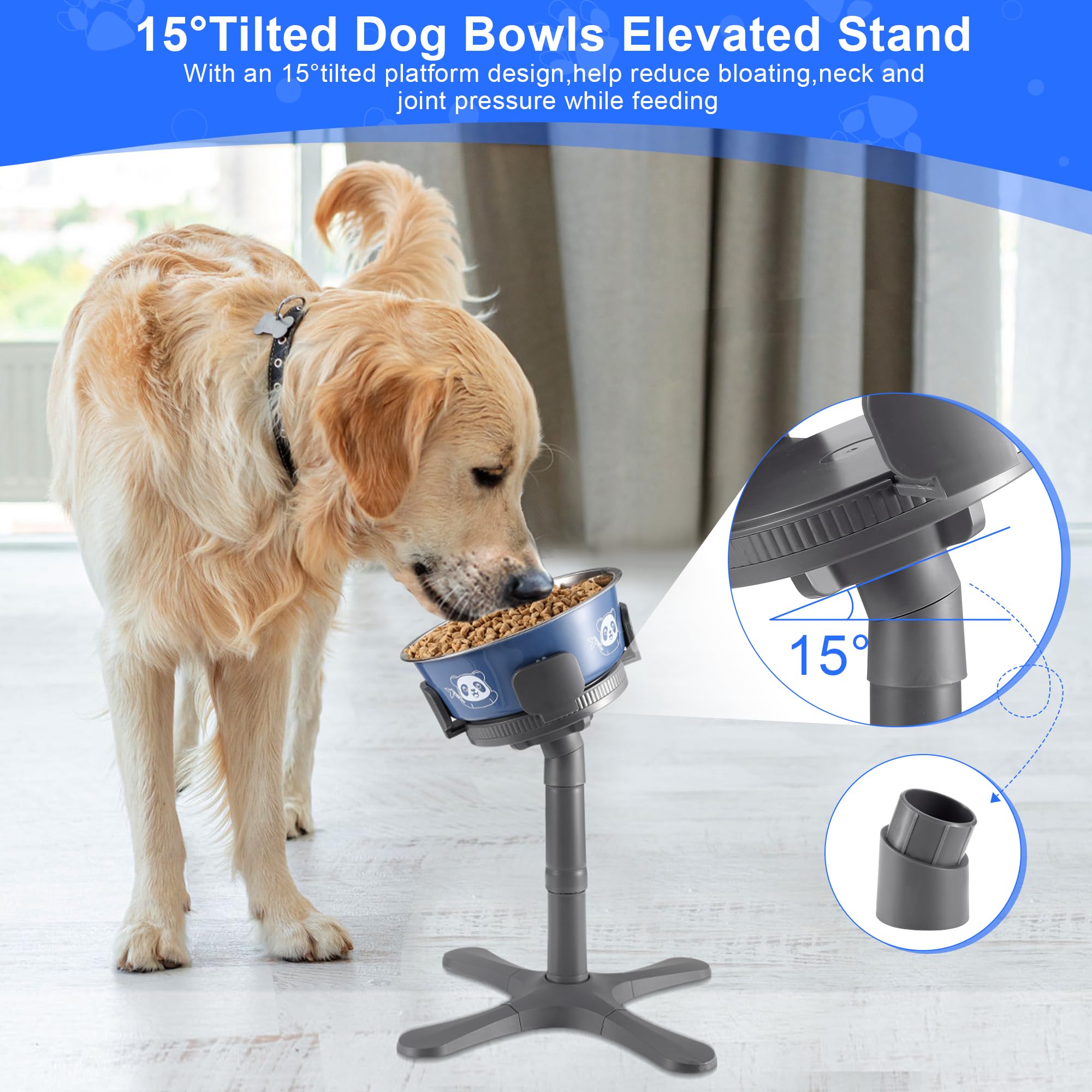 Dog Bowls,Elevated Adjustable Dog Bowl Stand with 3 Heights & Tilted Feeding Design, Raised Stand Compatible with Medium & Large