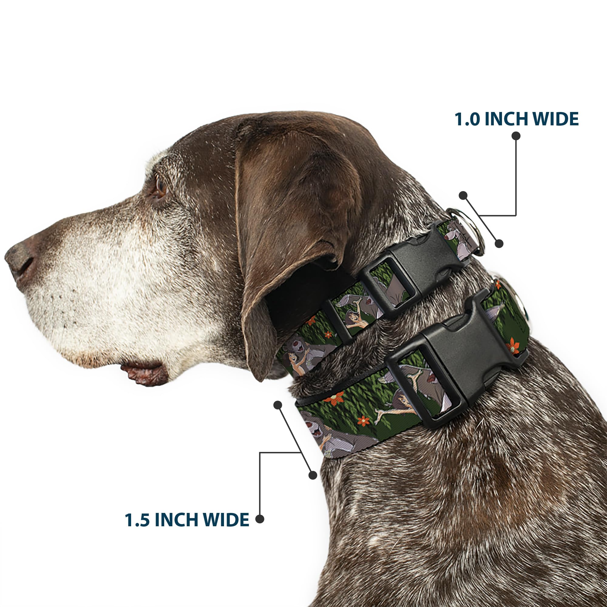 Buckle-Down Plastic Clip Collar - Mowgli & Baloo 3-Poses Leaves/Flowers Greens/Orange - 1/2' Wide - Fits 6-9' Neck - Small