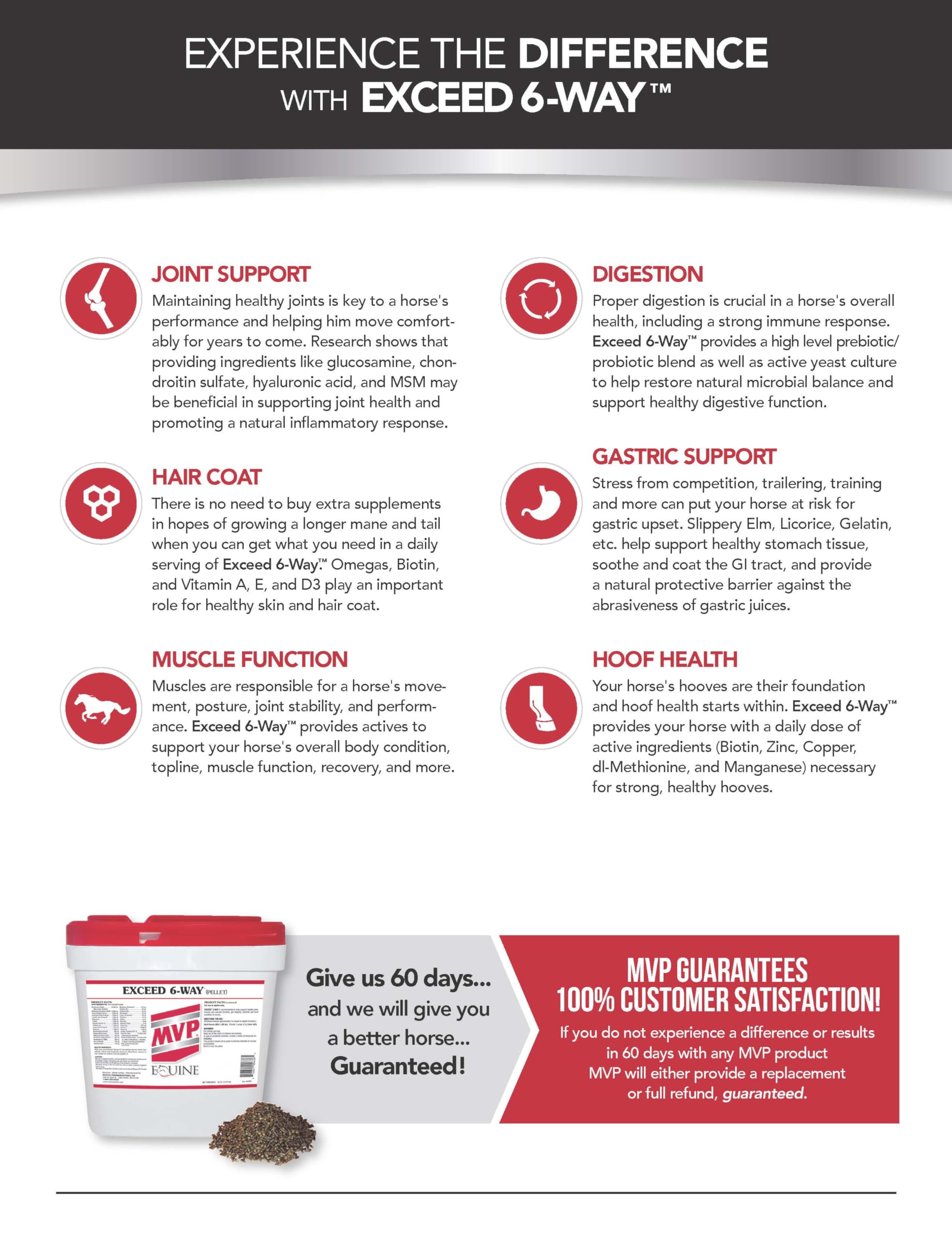MVP Exceed 6-Way (16lb) High Level Performance Horse Support Pellets. Joint, hoof, Hair, gastric, Digestion and Muscle Support.