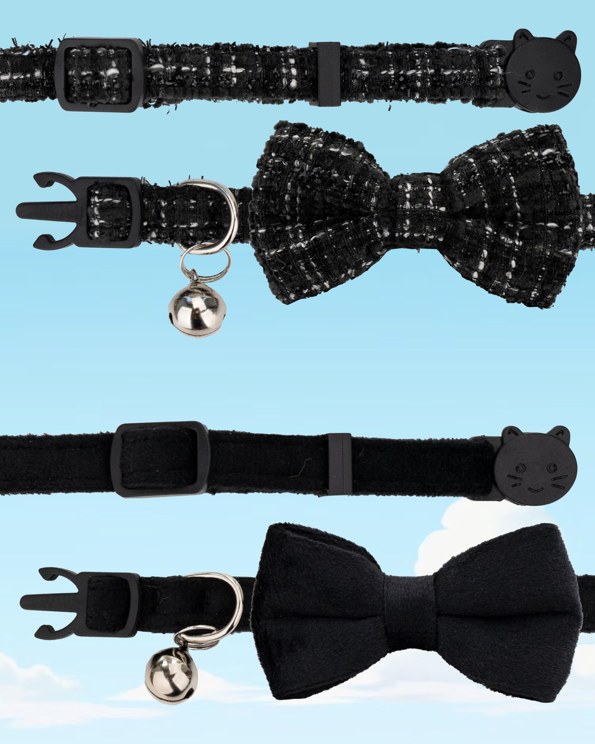 Gyapet Cat Collar Breakaway With Bell Boy Girl Kitten Bow Tie Safety Plaid Solid Color Set Cute Soft Summer B-[2Pcs] Black