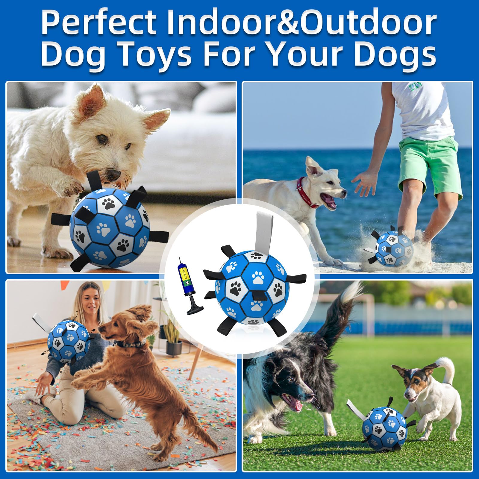 Qdan Dog Ropes Toys Soccer Ball With Straps, Interactive Dog Toys For Tug Of War, Puppy Birthday Gifts, Dog Tug Toy, Dog Water Toy, Durable Dog Balls For Small & Medium Dogs-Blue&Grey(6 Inch)
