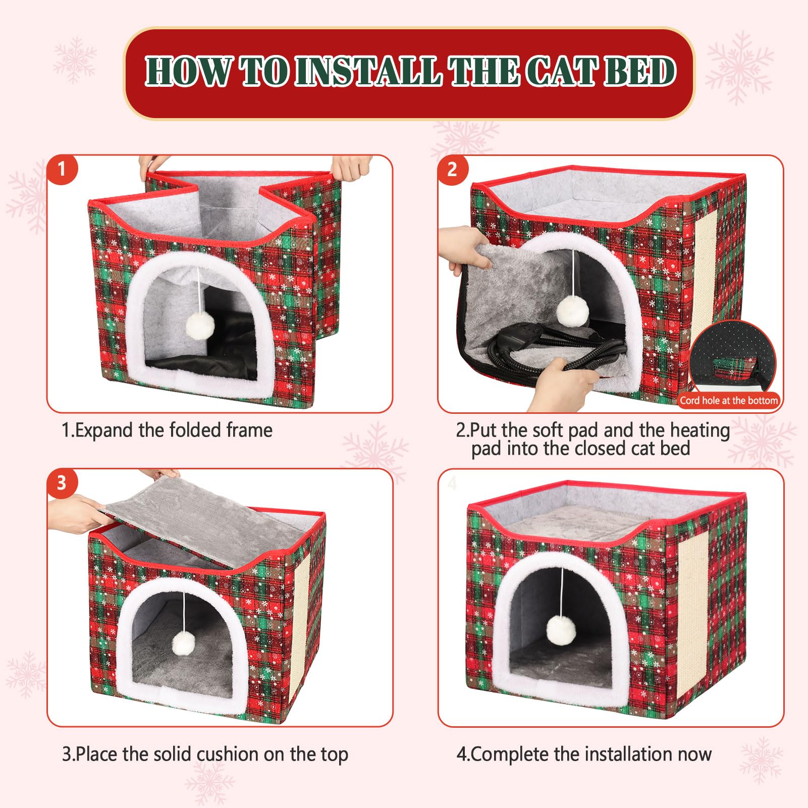 Heated Cat Bed For Indoor Cats, Foldable Cat House With Removable Heating Pad For Cats Small Dog Covered Cat Bed Cave Kitty Hide