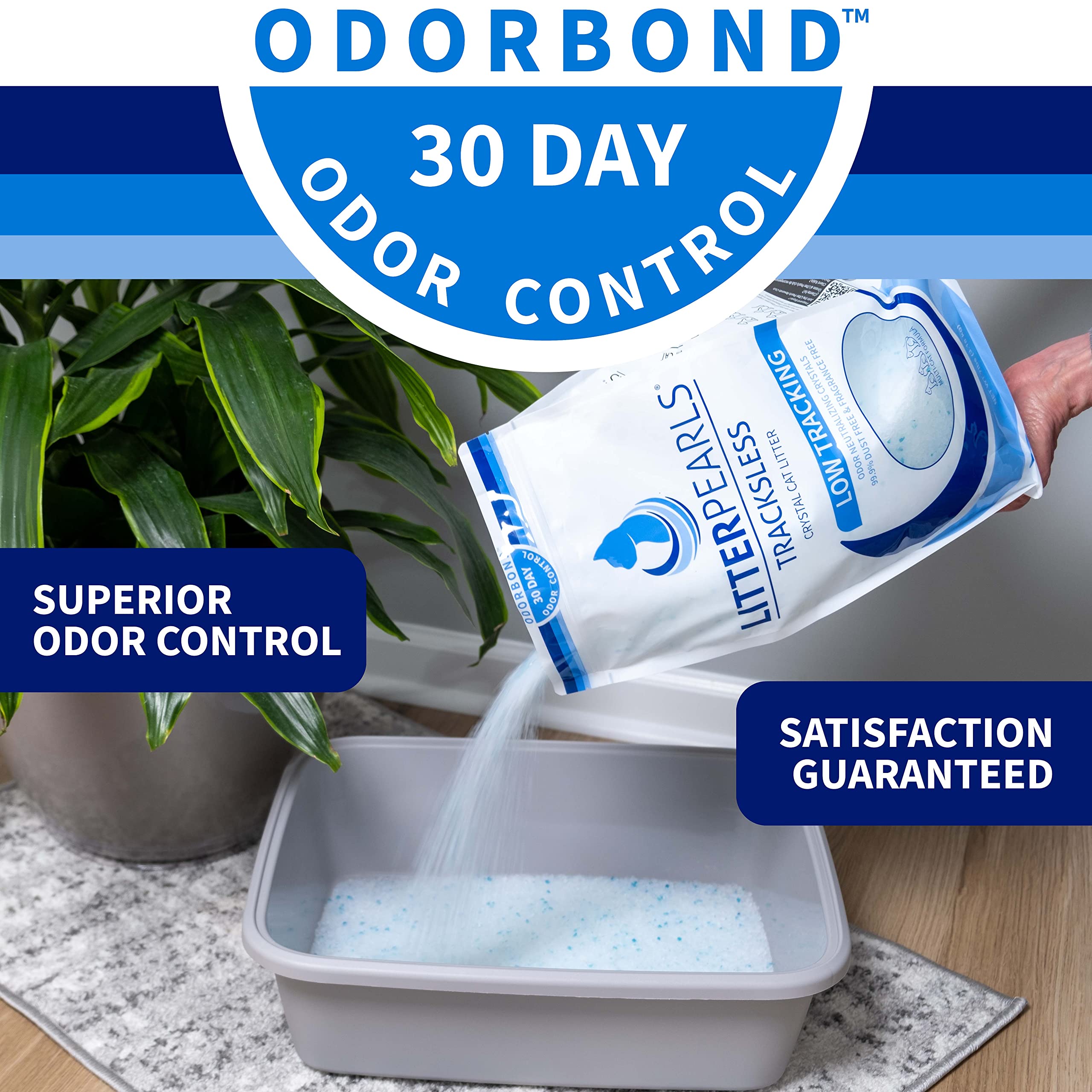 Litter Pearls Tracksless Unscented Non-Clumping Crystal Cat Litter With Odorbond, 7 Lb, White, Clear And Blue Crystals