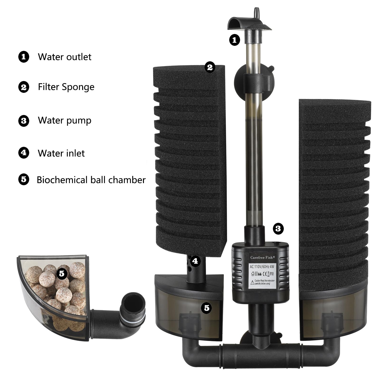 Carefree Fish Aquarium Filter with Water Pump 4 Sponges and 1 Bag of Filtered Ceramic Balls Fish Tank Quiet Filter for Salt Wate